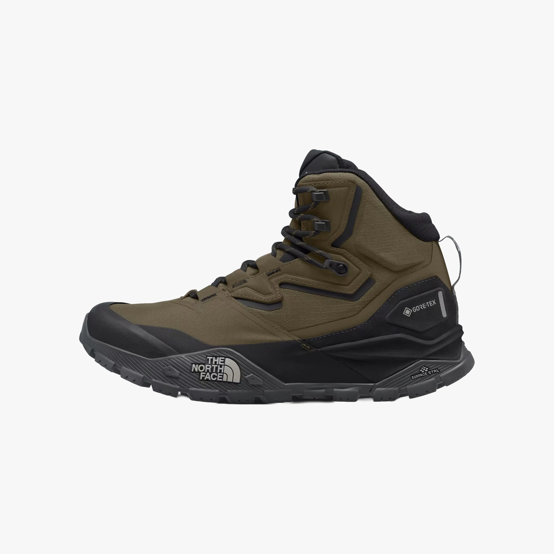 Brown and black high-top hiking boot with black laces, featuring The North Face logo on the side near the sole and a Gore-Tex label on the heel area. The sole is rugged with a textured grip for outdoor use.