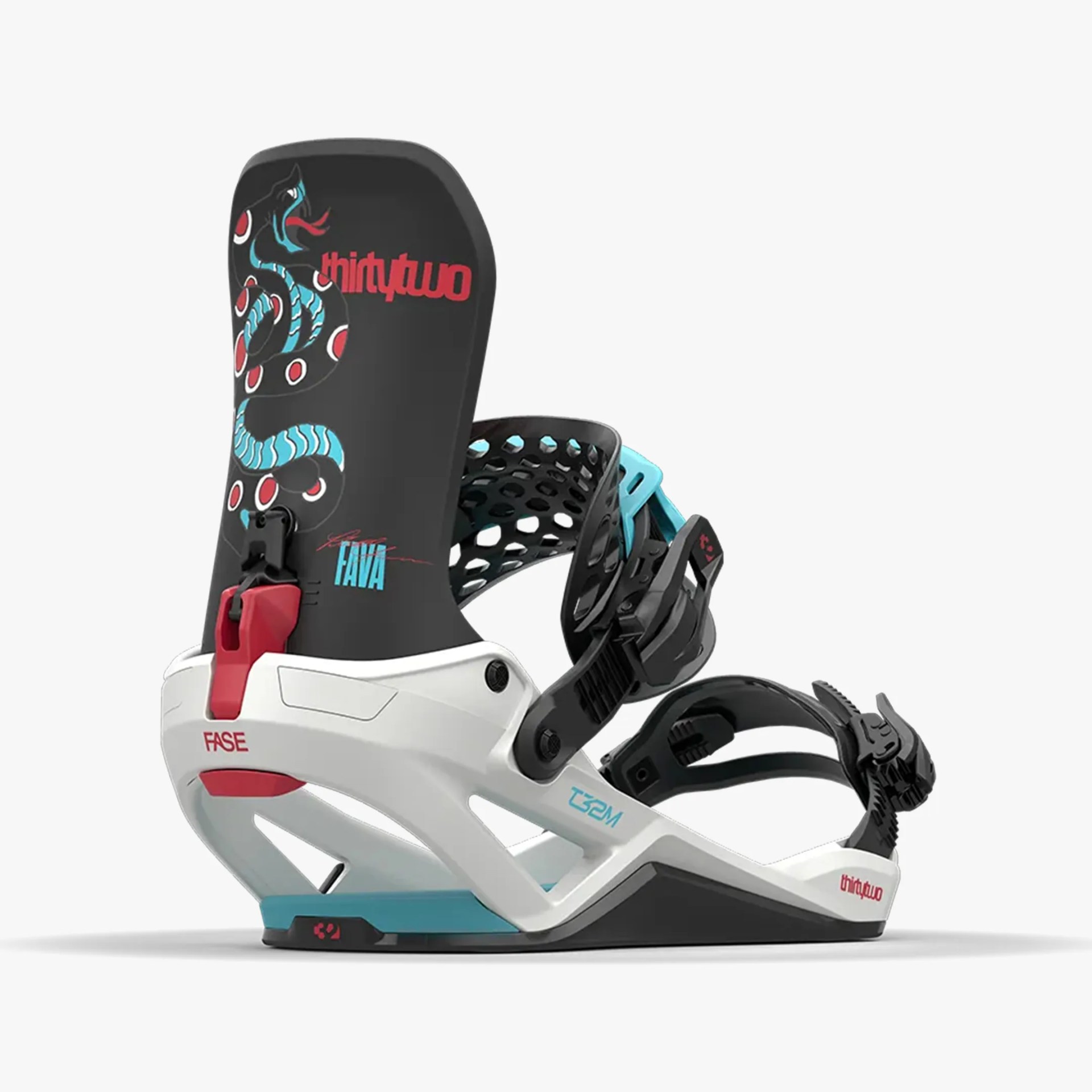 Snowboard binding with a black highback featuring a blue and red snake graphic and the text "thirtytwo" and "FAVA." The baseplate is primarily white with blue and black accents, and it has black ankle and toe straps with ratchet buckles. The heel cup is white with a red lever labeled "FASE." The model name "T32M" is printed in blue on the side.