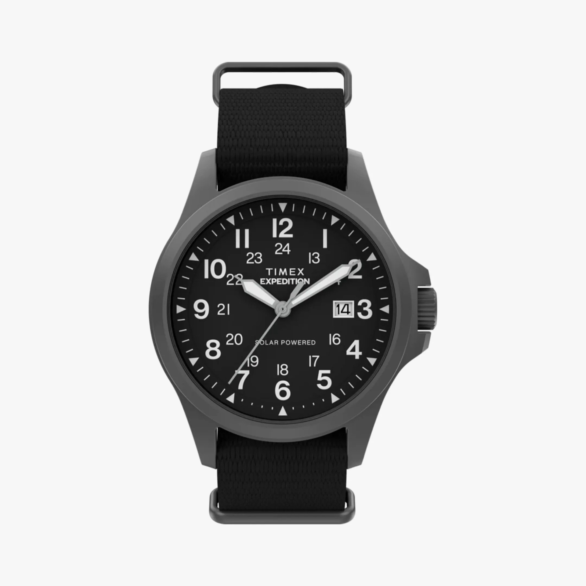 Timex Expedition watch with a black dial, white numerals, and a date window at the 3 o'clock position. It features a black fabric strap and a gray metal case. The watch hands are white with a second hand in gray, and the dial includes 24-hour military time markings. The watch is labeled "Solar Powered.