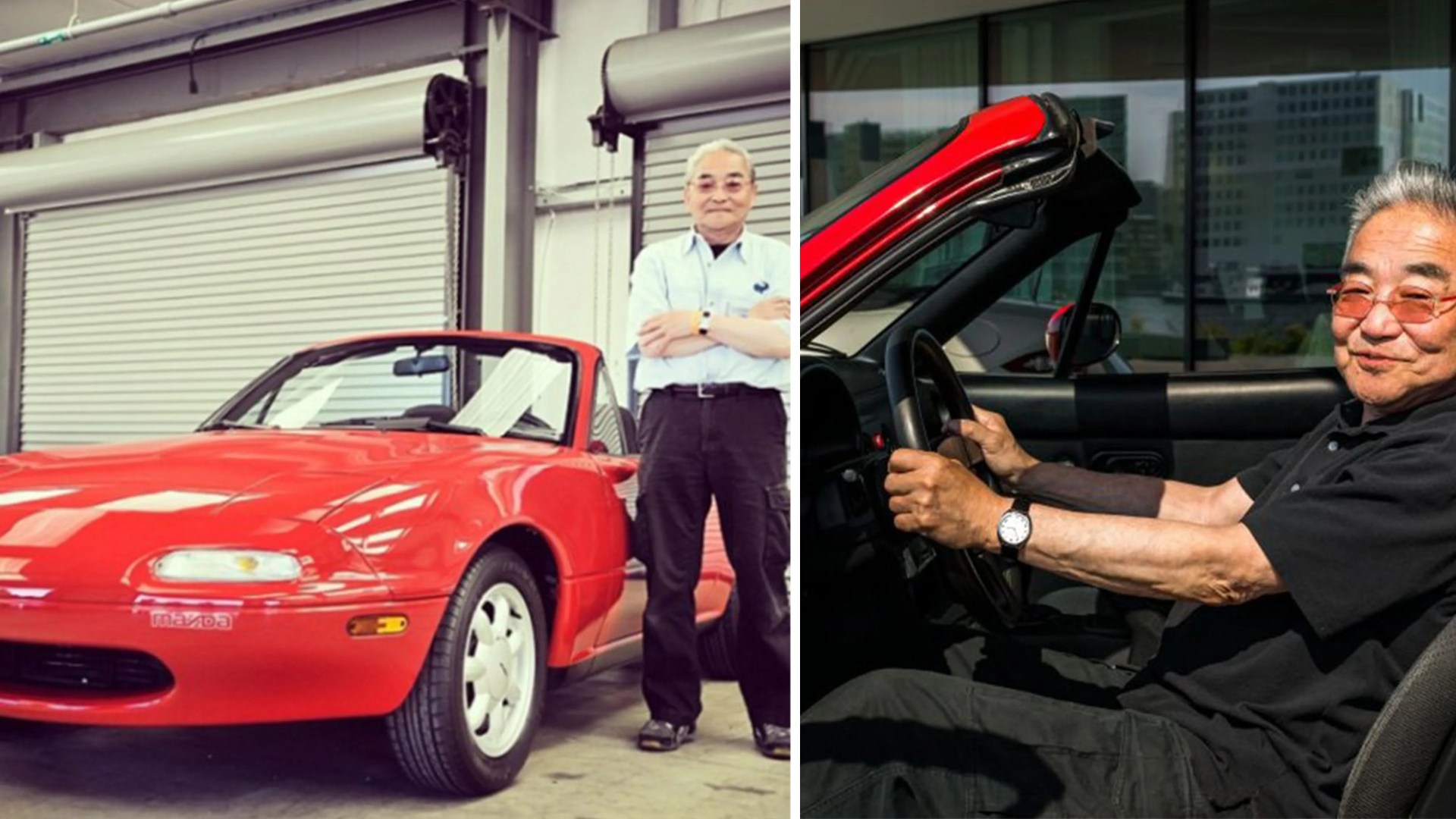 A red Mazda convertible sports car is shown in two scenes: on the left, an older man with gray hair, glasses, a light blue shirt, and dark pants stands with arms crossed beside the car in a garage; on the right, the same man wearing a black shirt and orange-tinted glasses is seated inside the car, holding the steering wheel and smiling.