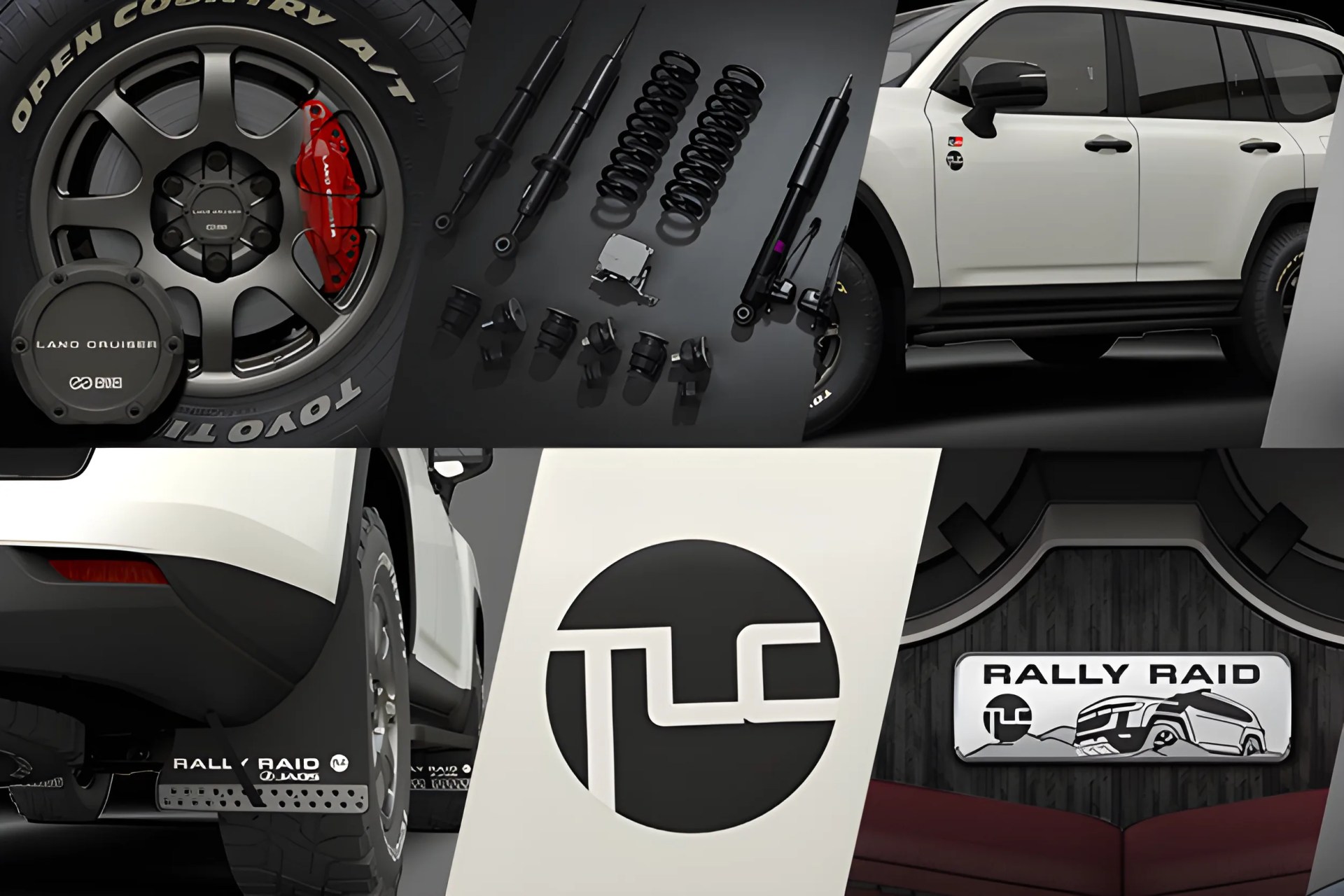 Close-up views of a white off-road vehicle featuring black alloy wheels with red brake calipers, Toyo Open Country A/T tires, and a "Rally Raid" mud flap. The image also shows suspension components including shock absorbers and coil springs, a side profile of the vehicle with black side mirrors and door handles, a circular logo with stylized "TLC" letters, and a "Rally Raid" emblem with an illustration of the vehicle on a rugged terrain background.