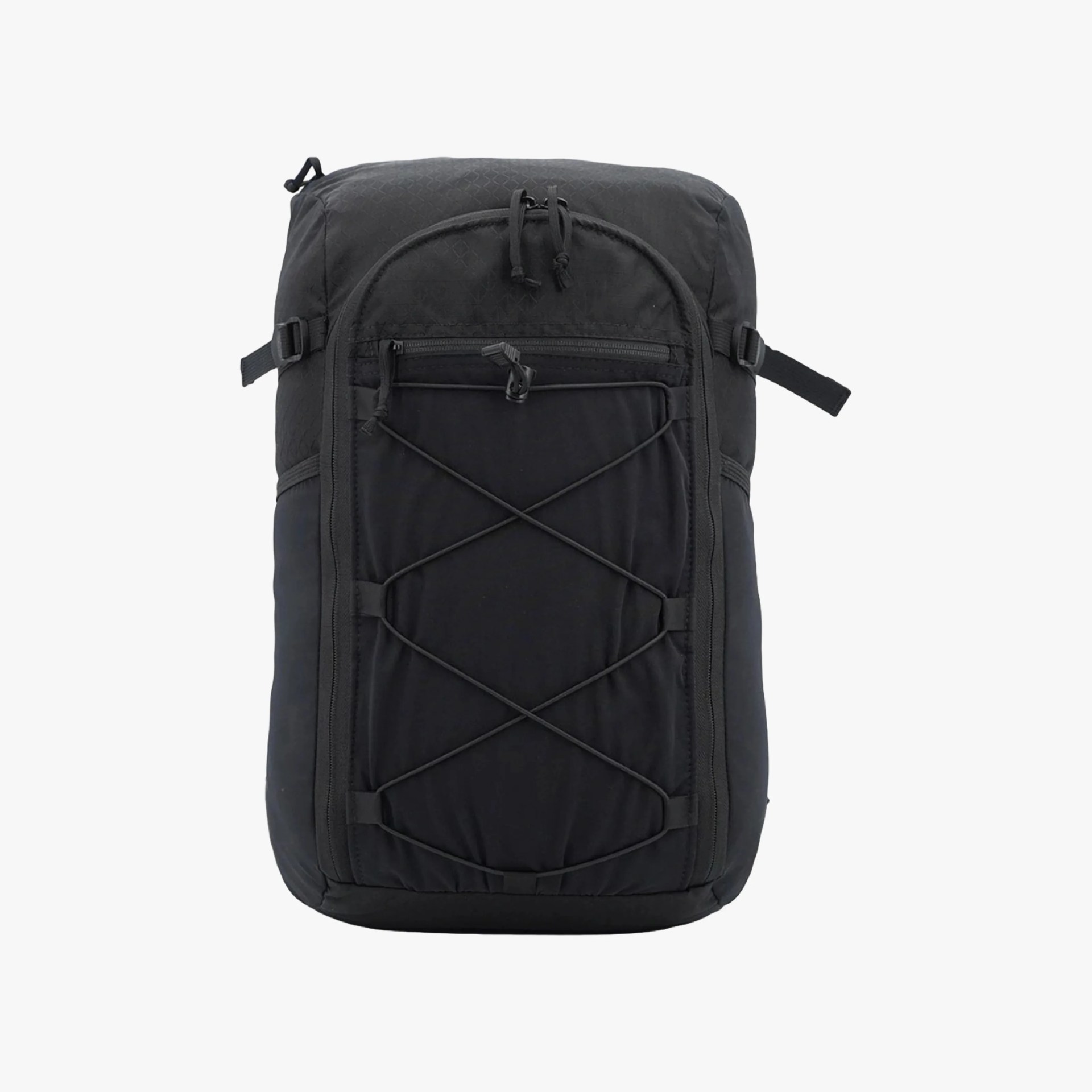 Black backpack with a front zippered pocket and an elastic bungee cord crisscrossing over the pocket. The backpack has adjustable side straps and a top zipper closure. The material appears durable and slightly textured.