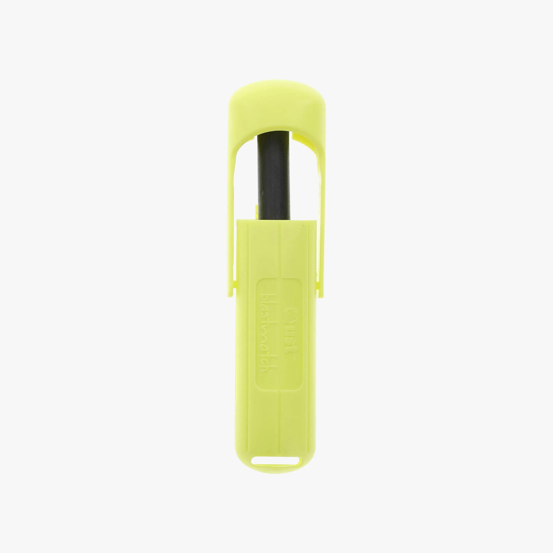 Yellow plastic safety cover with a black inner component, designed to protect the tip of a small tool or device. The cover has a rounded top and an open section revealing the black inner part, with a small rectangular slot at the bottom. The word "ust blastmatch" is embossed on the front.