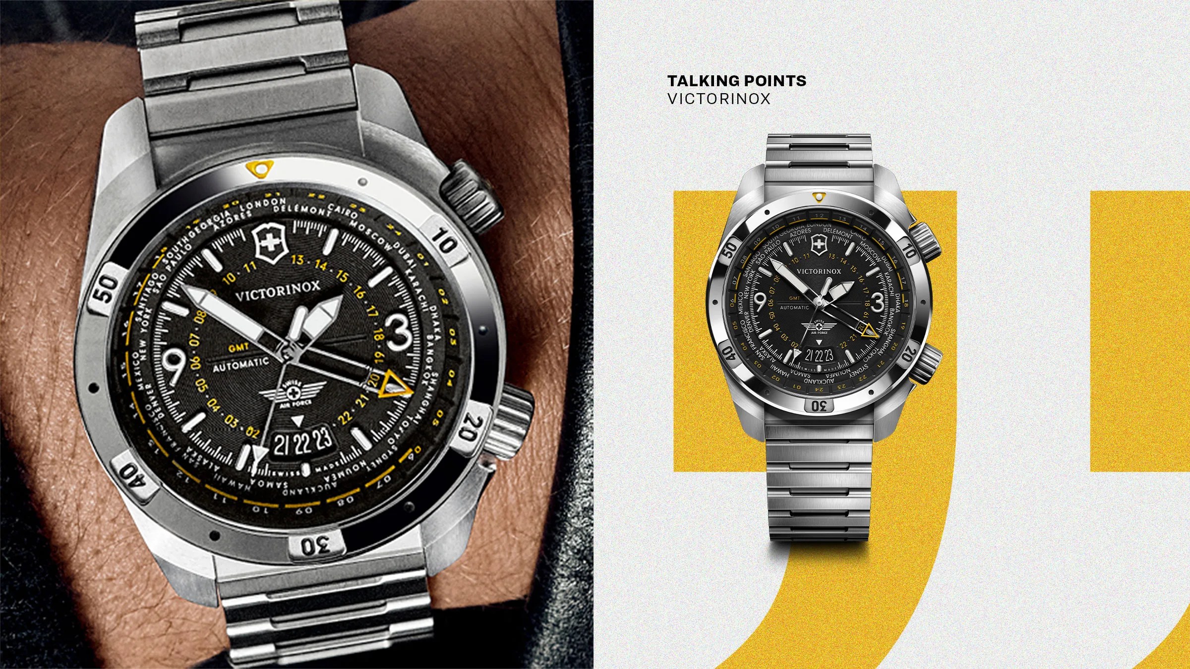 Victorinox stainless steel wristwatch with a black dial featuring white and yellow accents, luminous hands, and a date display at the 6 o'clock position. The watch has a rotating bezel with minute markers and a metal link bracelet. The dial includes multiple city names around the outer edge, indicating a world time or GMT function.