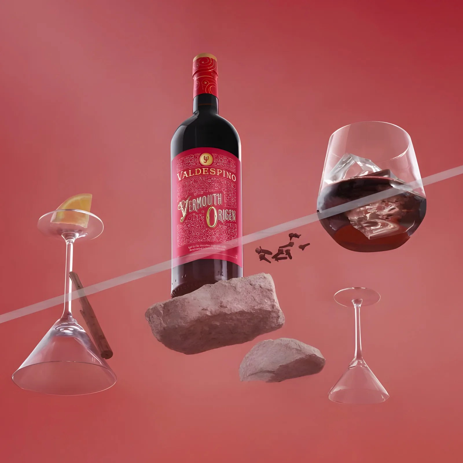 A bottle of Valdespino Vermouth Origen with a red label is floating above two rocks. Surrounding it are two upside-down martini glasses, one with a lemon wedge and a cinnamon stick, and a glass with ice cubes and dark liquid. There are also a few cloves floating near the bottle, all set against a red background.