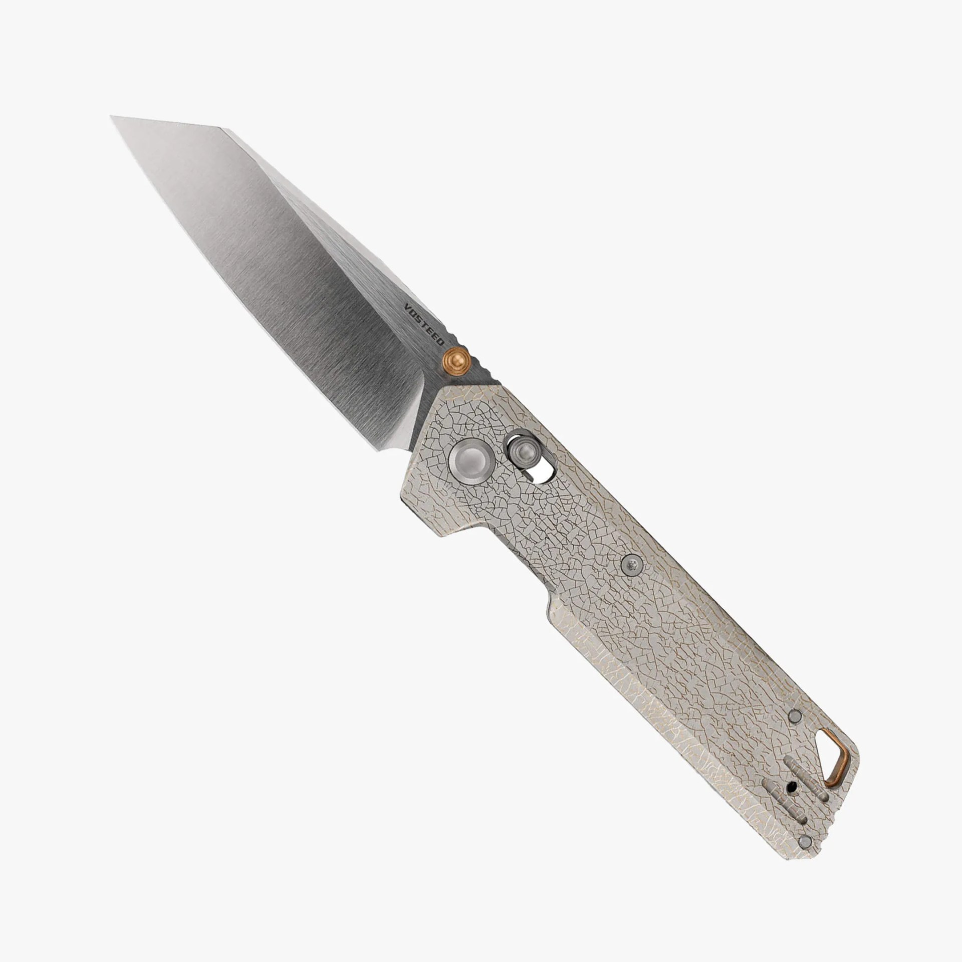 Folding knife with a straight-edged, silver blade and a textured, light gray handle featuring a cracked pattern. The handle has a circular button and a sliding lock mechanism near the blade pivot, with a small lanyard hole at the end. The blade has a brushed metal finish and the word "VOSTEED" printed near the pivot.
