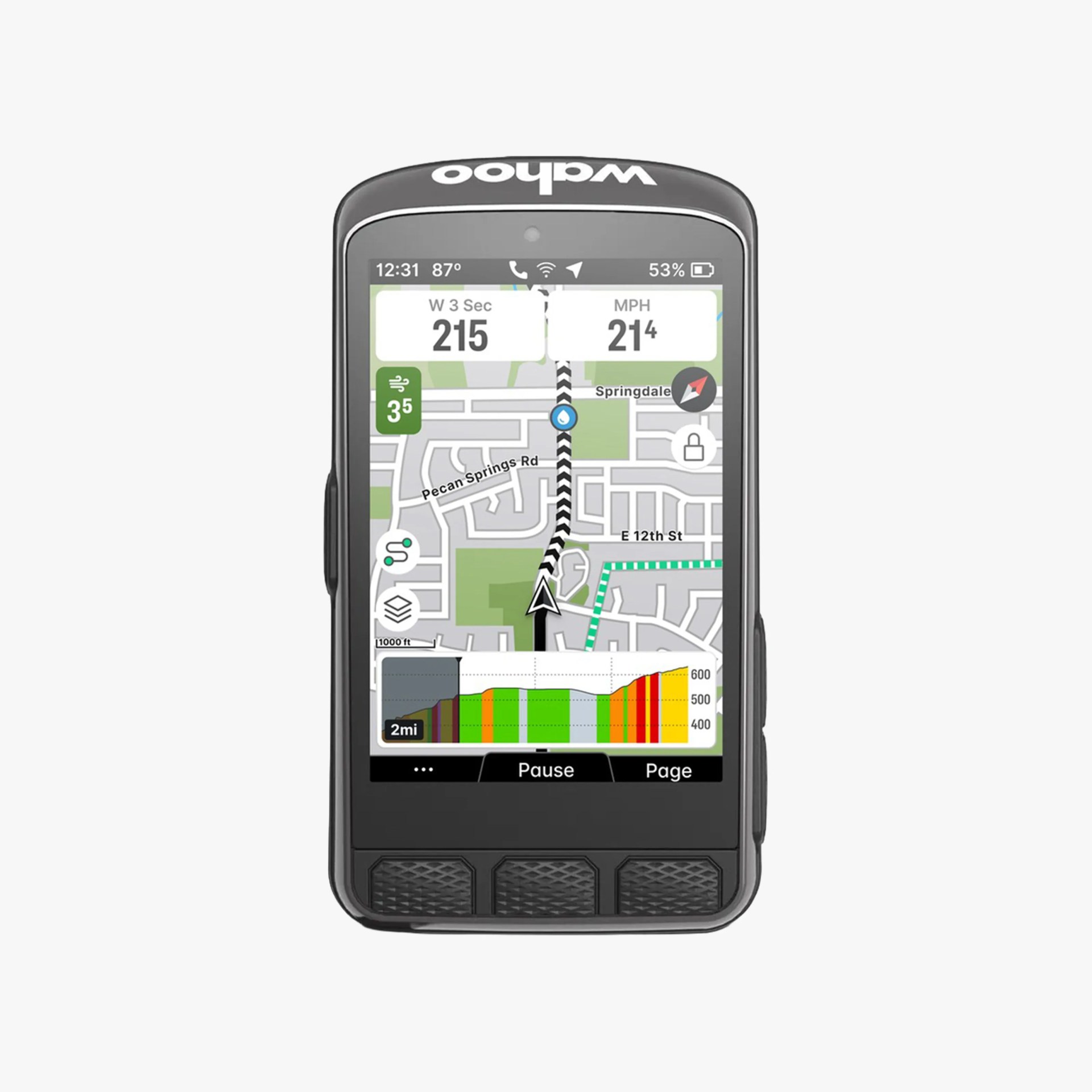 Compact black GPS cycling computer with a color touchscreen displaying a navigation map, speed, wind speed, elevation profile, and various control buttons at the bottom. The brand name "Wahoo" is visible at the top.