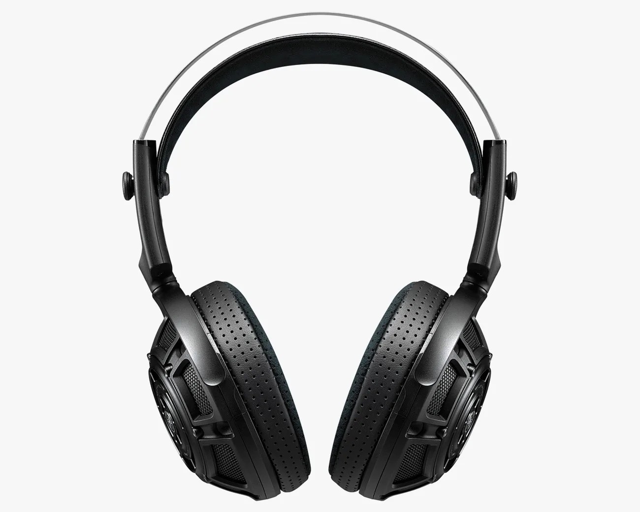 Black over-ear headphones with perforated ear cushions, a padded headband, and a metal frame connecting the ear cups. The ear cups have a mesh design with visible speaker components.