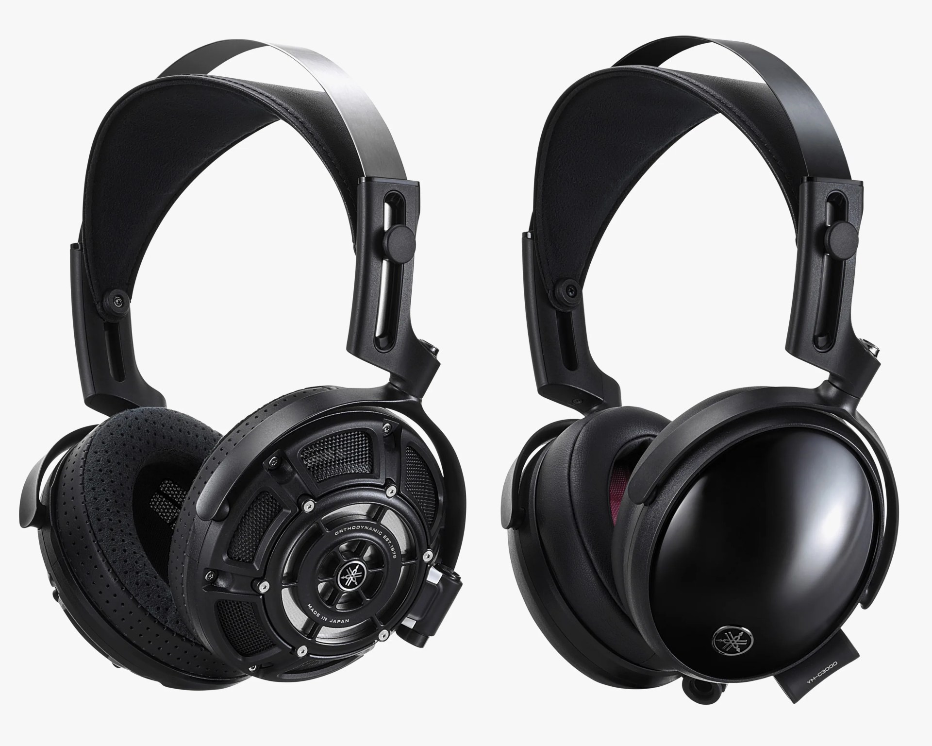 Two black over-ear headphones are shown side by side. The left headphone features an open-back design with visible mesh and structural elements, along with a padded, perforated ear cushion. The right headphone has a closed-back design with a smooth, glossy outer ear cup and cushioned leather ear pads. Both headphones have adjustable headbands with a metal band on top and padded inner bands for comfort. The Yamaha logo is visible on both ear cups.