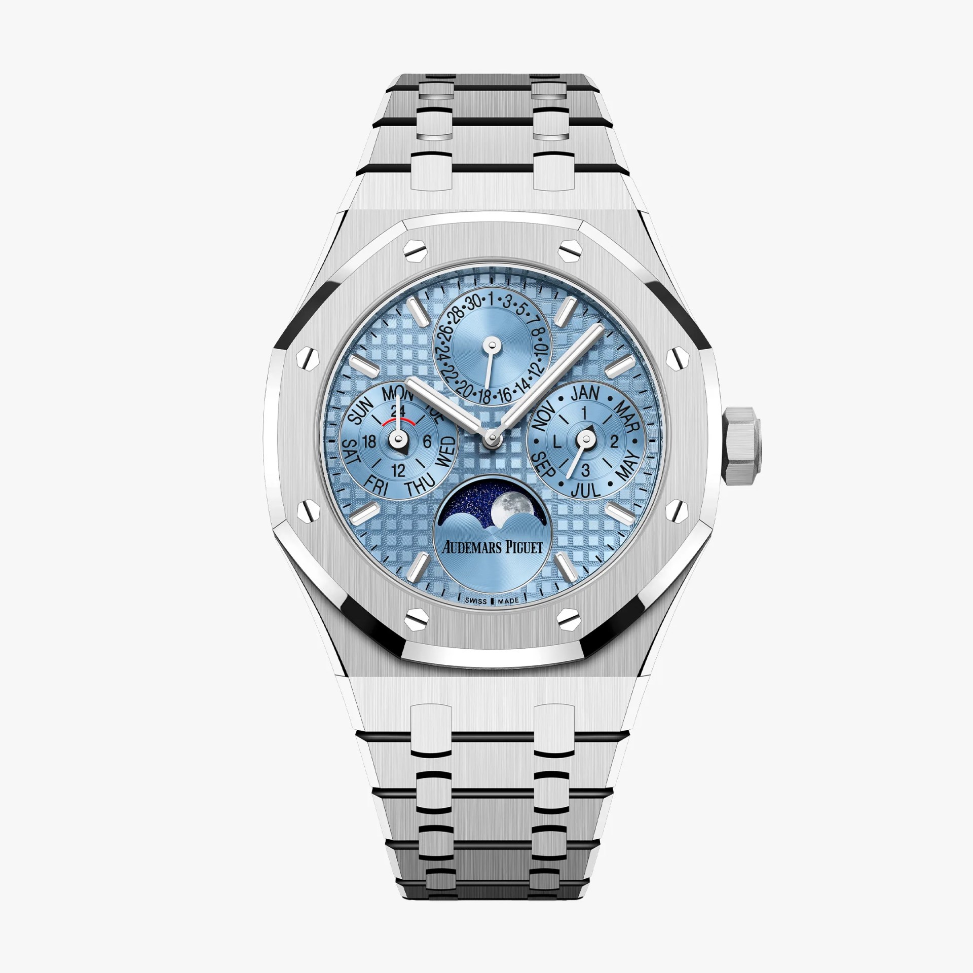 Silver stainless steel Audemars Piguet wristwatch with a light blue textured dial featuring three subdials for day, date, and month, along with a moon phase indicator at the 6 o'clock position. The watch has a distinctive octagonal bezel with visible screws and a matching silver metal bracelet.