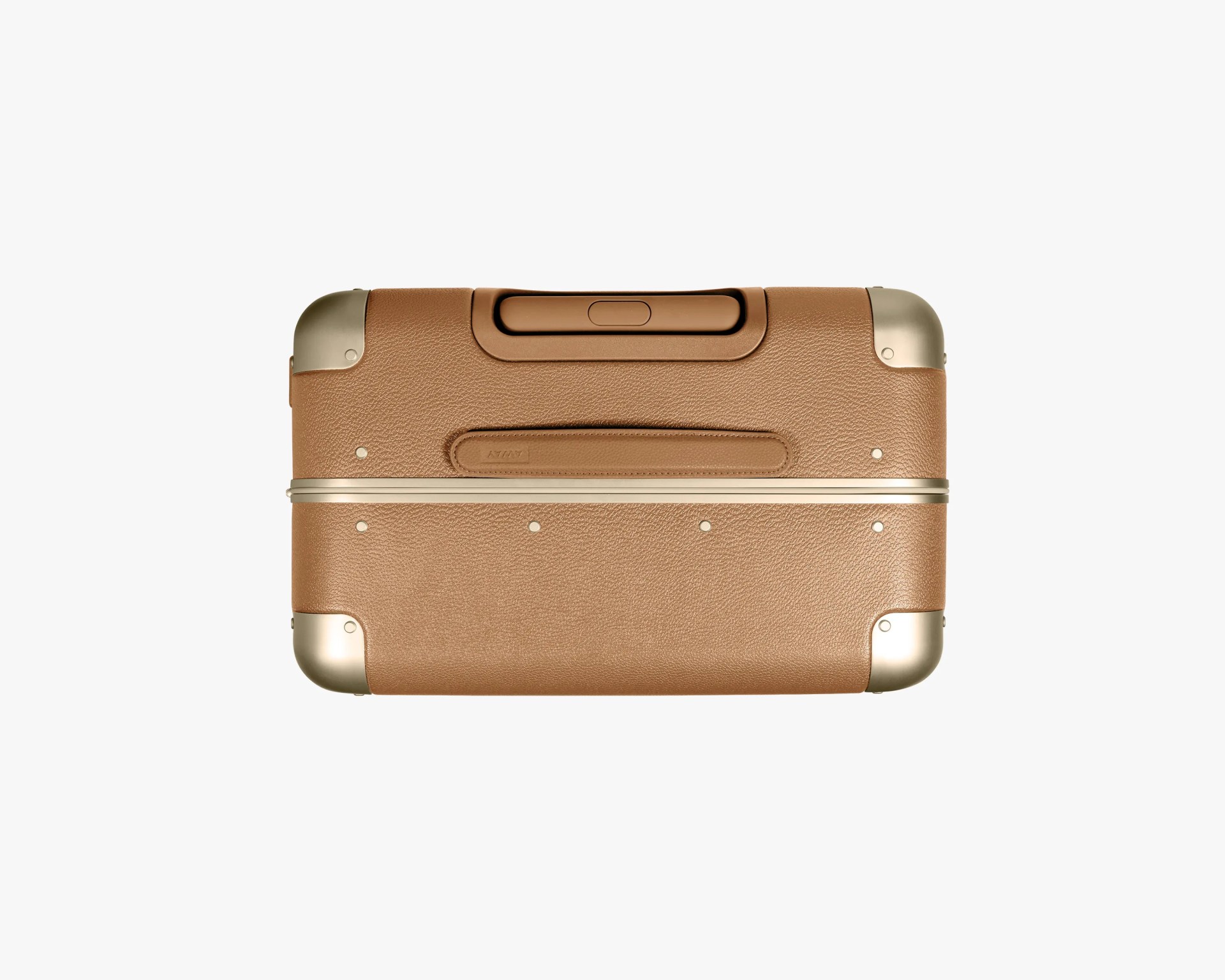 A tan leather suitcase with a textured surface, featuring metallic corner protectors in a light gold color. The suitcase has a recessed handle on the top and a horizontal leather strap detail below the handle. The suitcase is shown from the top view on a plain white background.