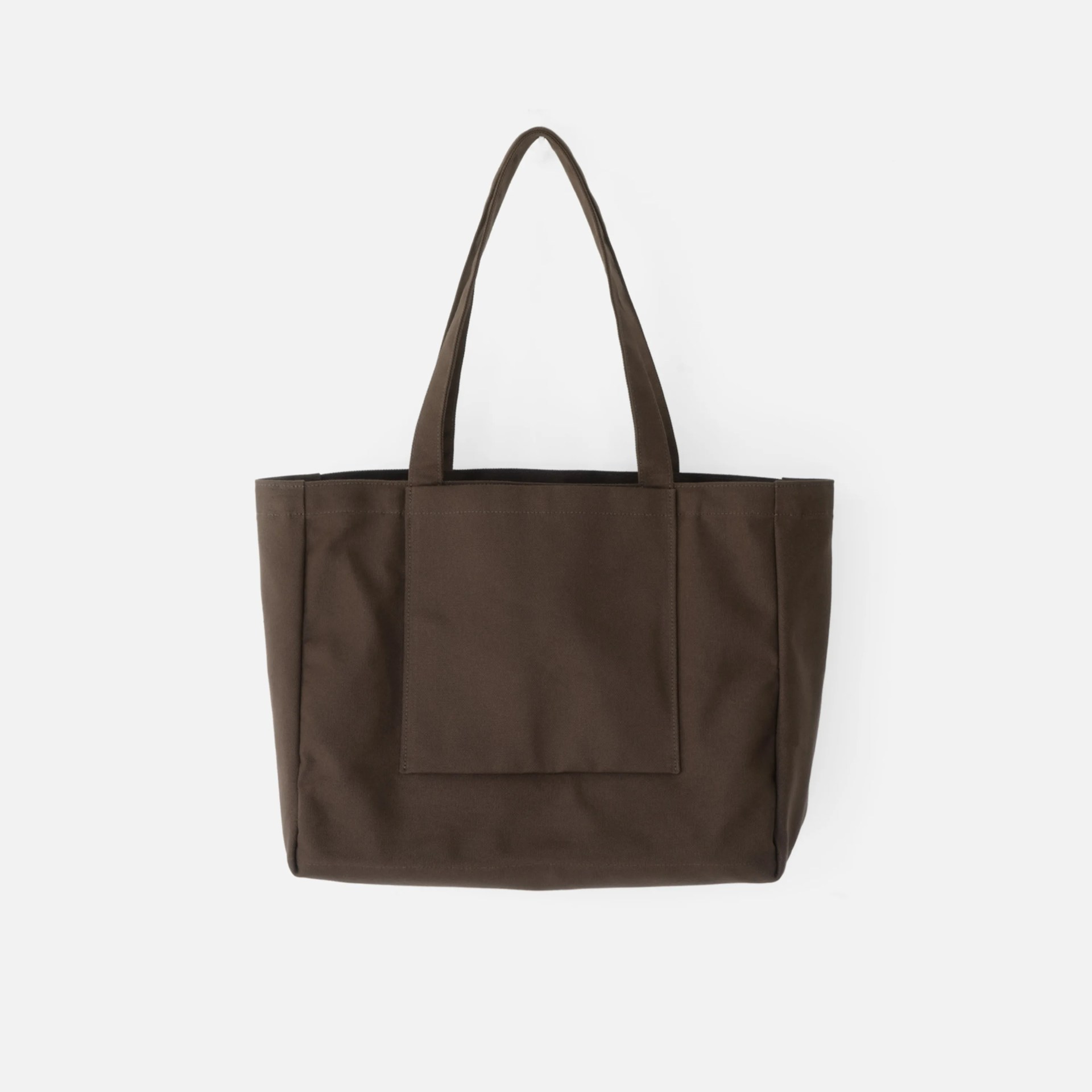 Brown canvas tote bag with two handles and a large front pocket, displayed against a white background.