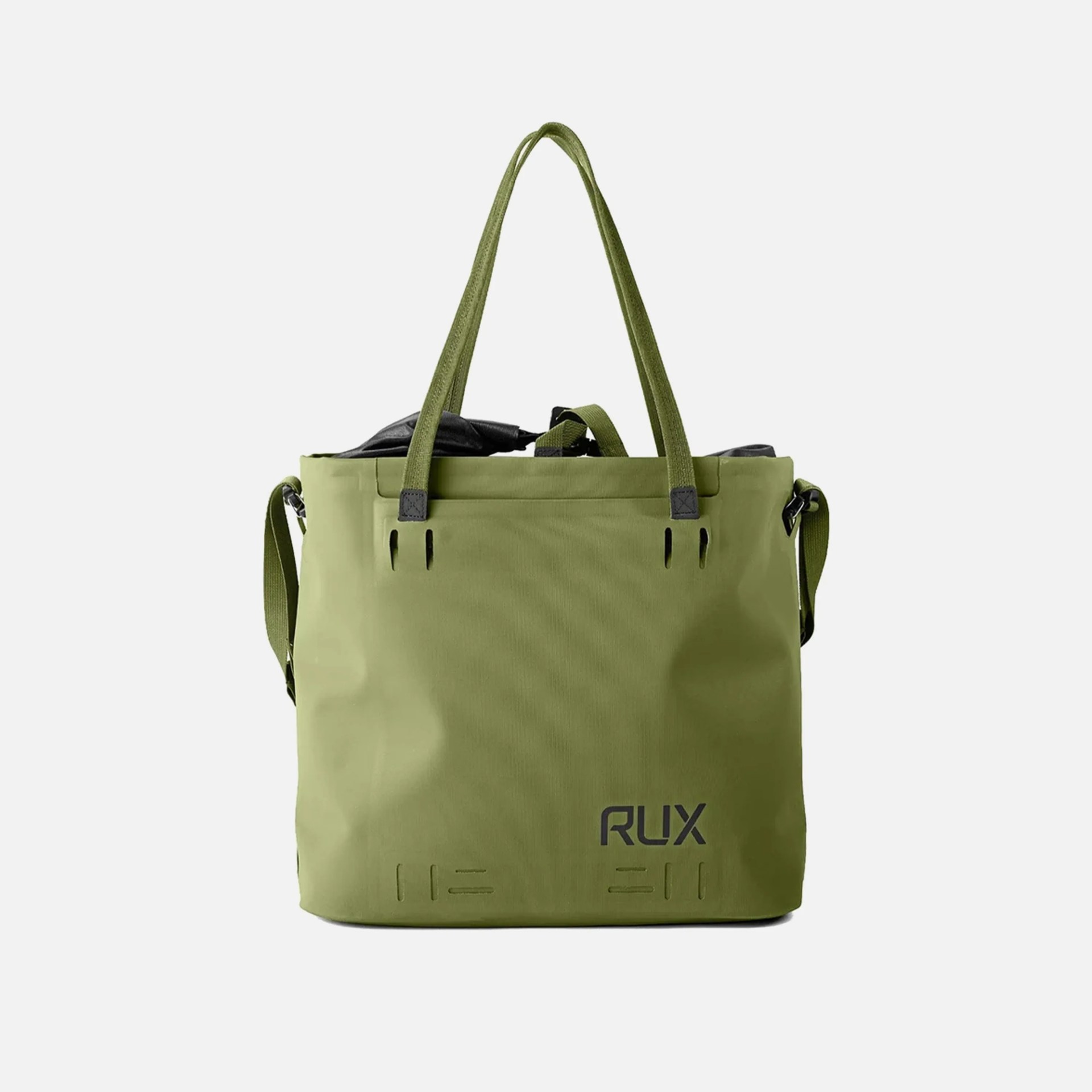 Olive green tote bag with two long handles and a detachable shoulder strap. The bag features a black "RUX" logo near the bottom right corner and has a simple, structured design with a slightly open top showing a black interior lining.