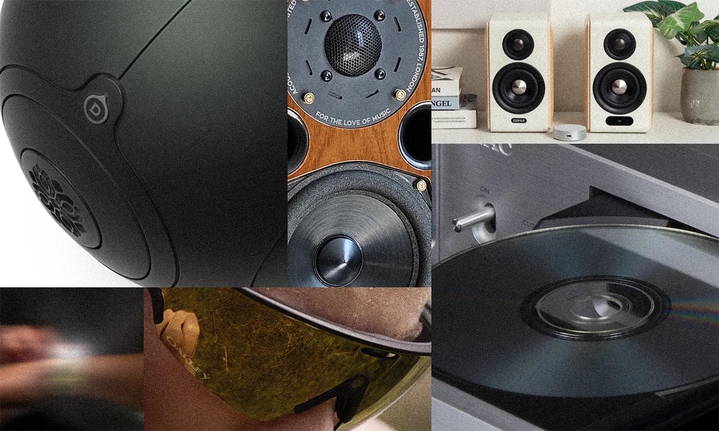 A collage of six images featuring audio and music-related items: a close-up of a black speaker with a circular grille, a wooden speaker with multiple drivers and the text 