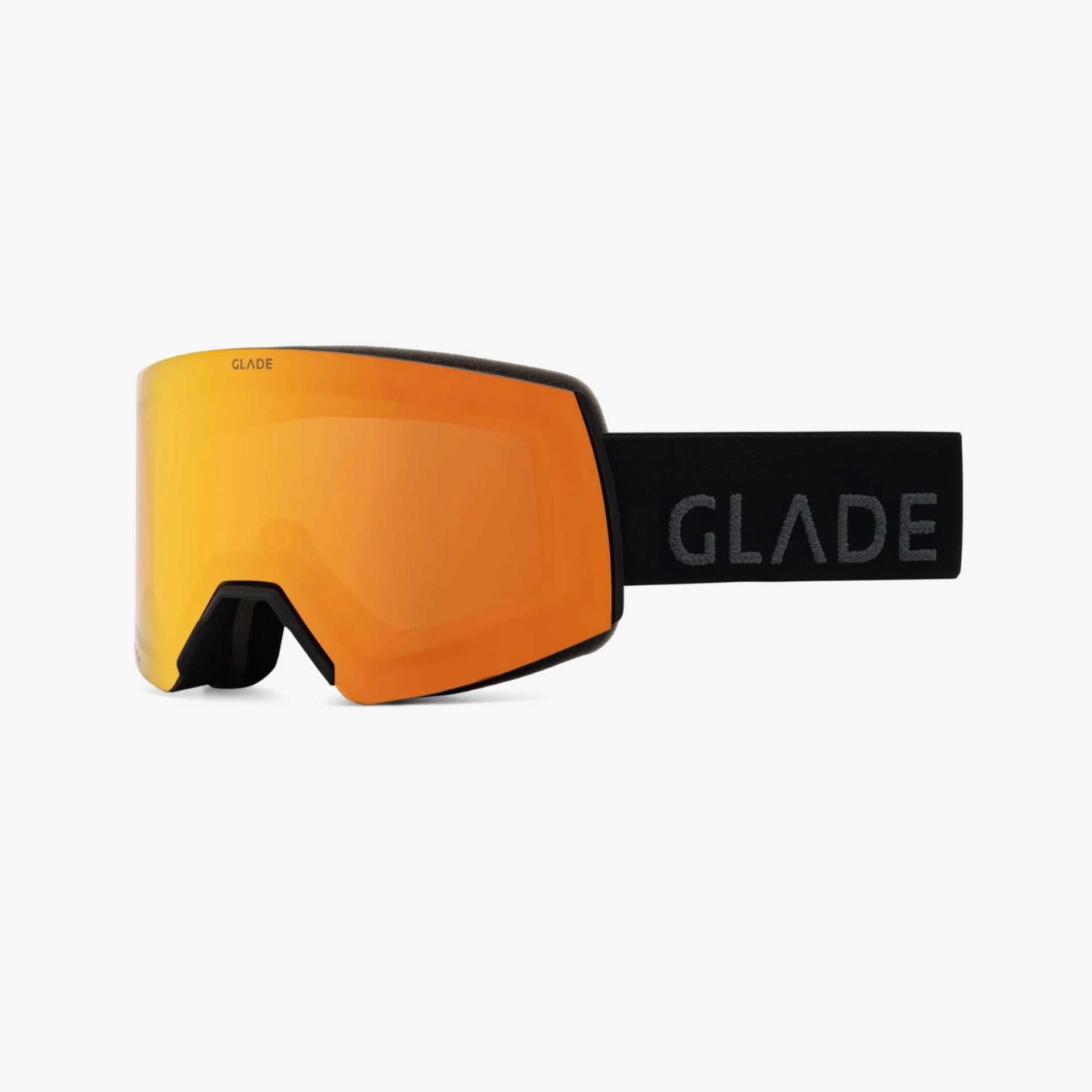 Ski goggles with a large, curved orange-tinted lens and a black adjustable strap featuring the brand name "GLADE" in gray letters. The frame is black with a foam padding around the edges for comfort.