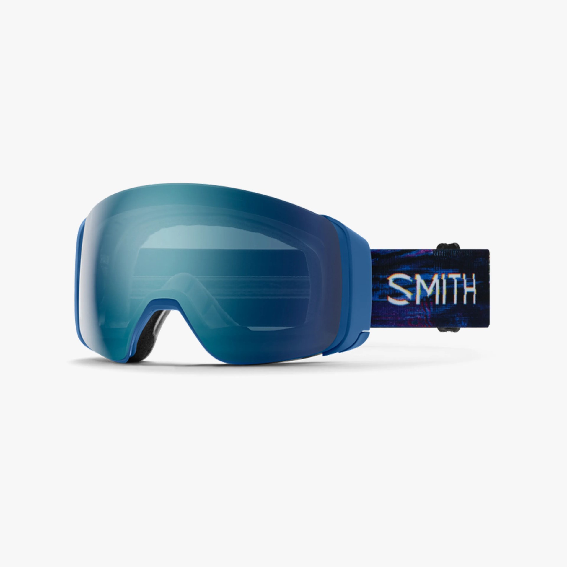 Blue ski goggles with a reflective blue lens and a black strap featuring the white "SMITH" logo.