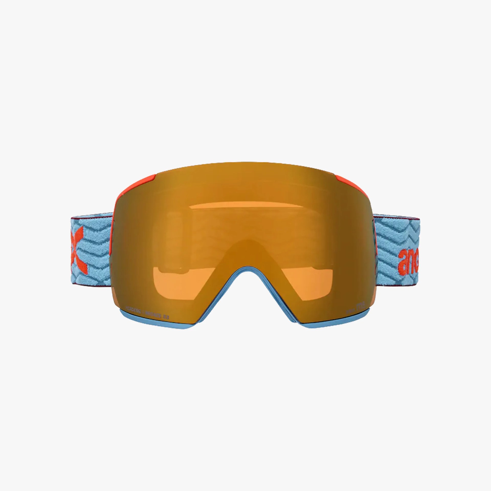 Ski goggles with a large, curved amber-tinted lens and a light blue strap featuring a red logo and zigzag pattern. The frame has red accents on the sides.