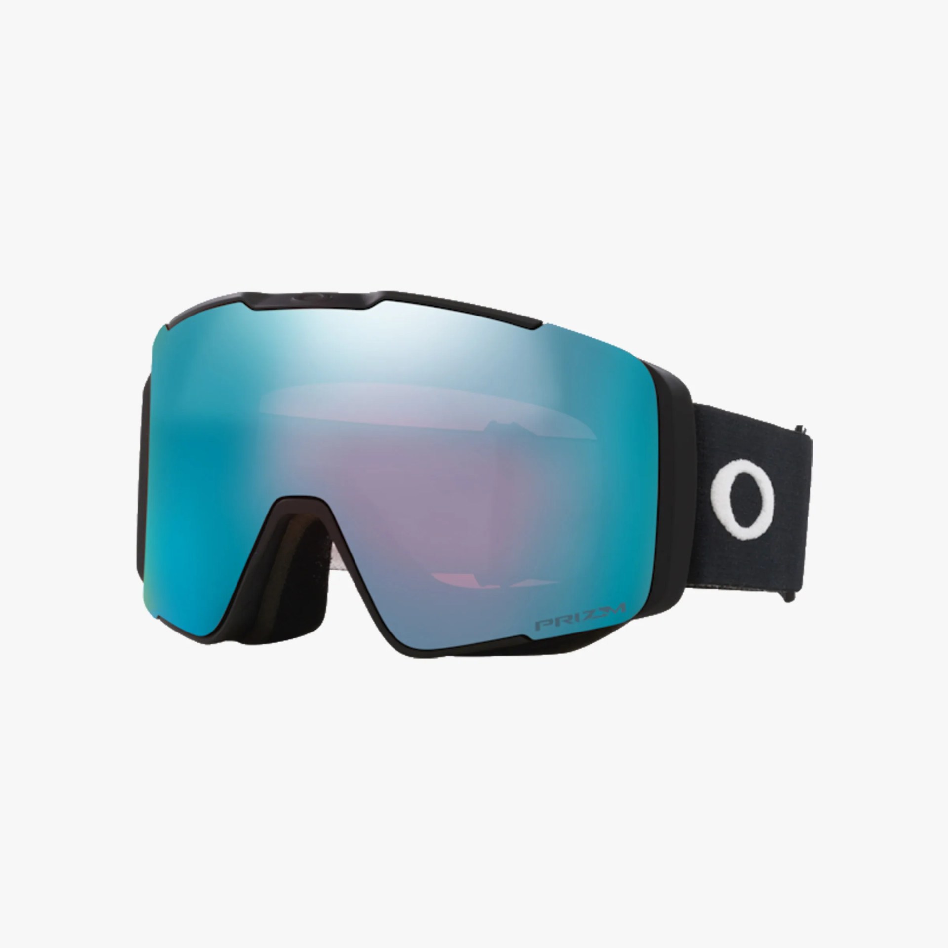 Black ski goggles with a wide, reflective blue lens and a black strap featuring a white circular logo. The lens has "PRIZM" written on the lower right corner.