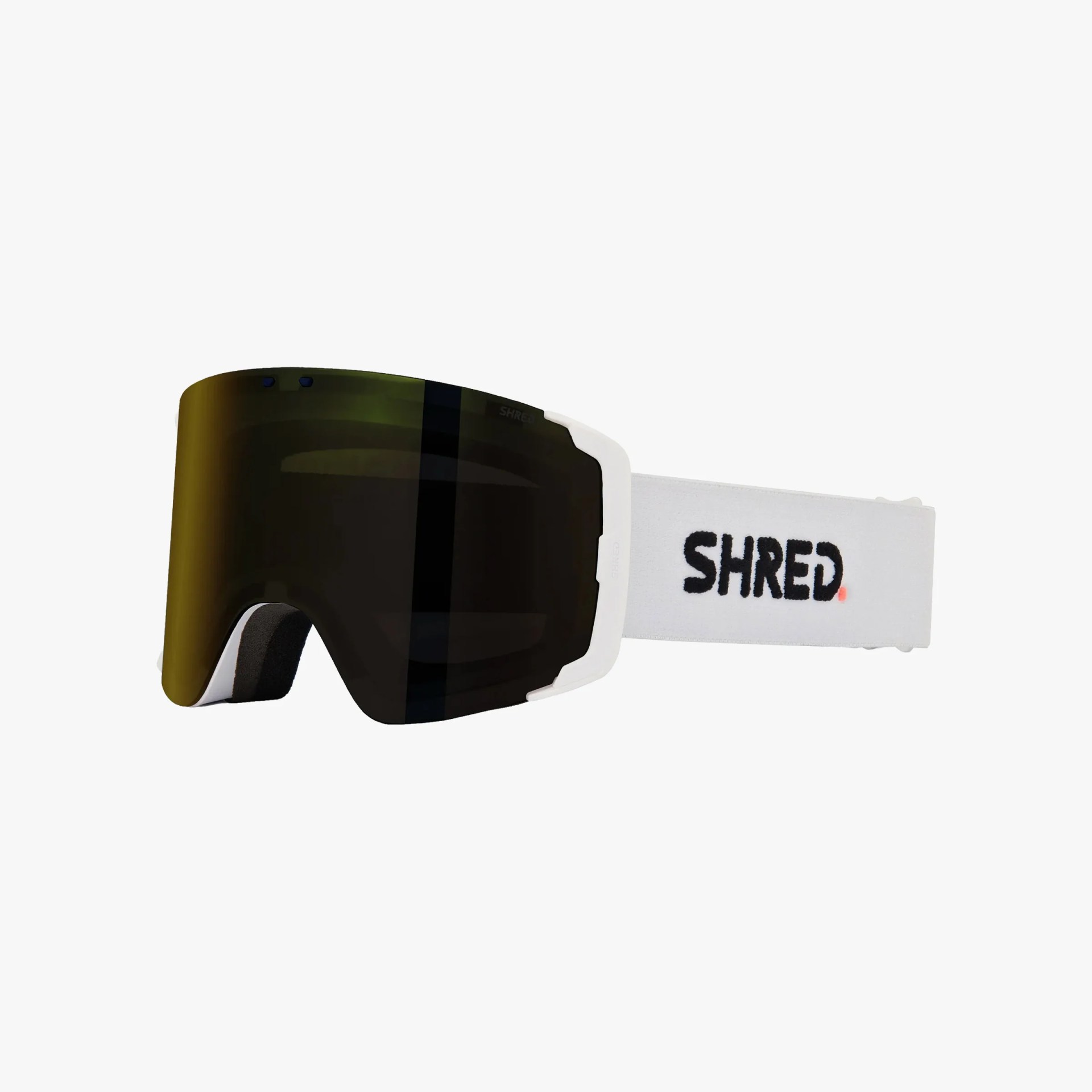 White ski goggles with a large, dark tinted lens and a white strap featuring the black "SHRED." logo with a small red dot.