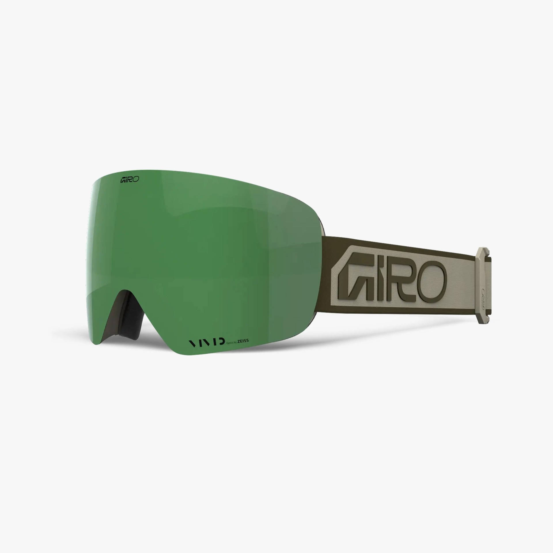 Ski goggles with a large, curved green lens and a wide beige strap featuring the "GIRO" logo in dark brown. The lens has small black text near the bottom edge that reads "VIVID optics by ZEISS." The goggles have a modern, sleek design with a notch at the bottom center of the lens.