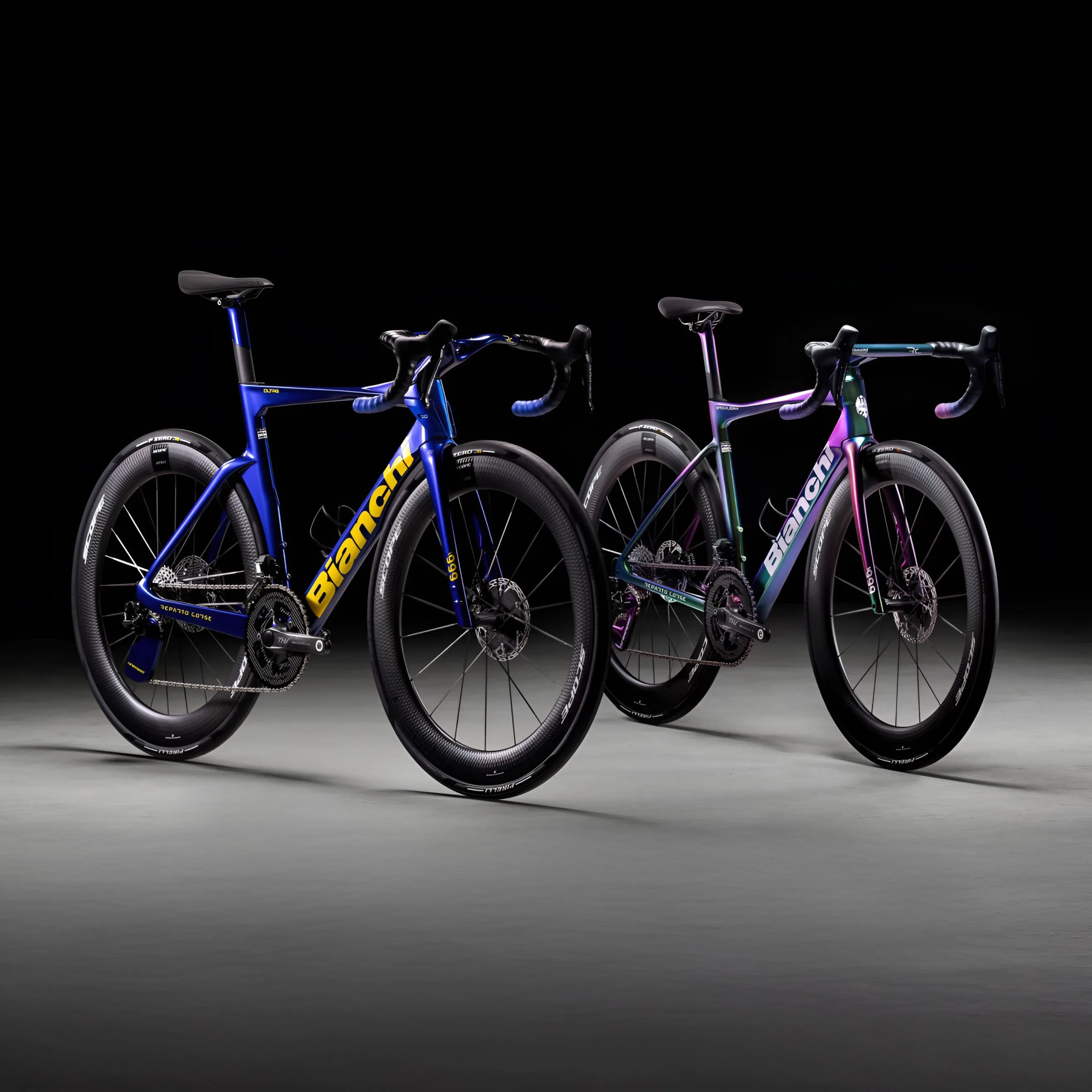 Two high-performance Bianchi road bikes with aerodynamic carbon frames and deep-section carbon wheels. The bike on the left features a blue frame with yellow "Bianchi" branding, while the bike on the right has a multicolor iridescent frame with white "Bianchi" branding. Both bikes have drop handlebars, disc brakes, and sleek saddles, set against a dark background with a gray floor.