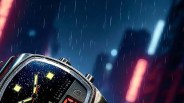 Close-up of a Brew wristwatch with a square face, featuring luminous yellow hour markers and hands, a digital display, and a metallic case. The watch face is wet with raindrops, and the background shows a blurred cityscape with neon lights and falling rain.