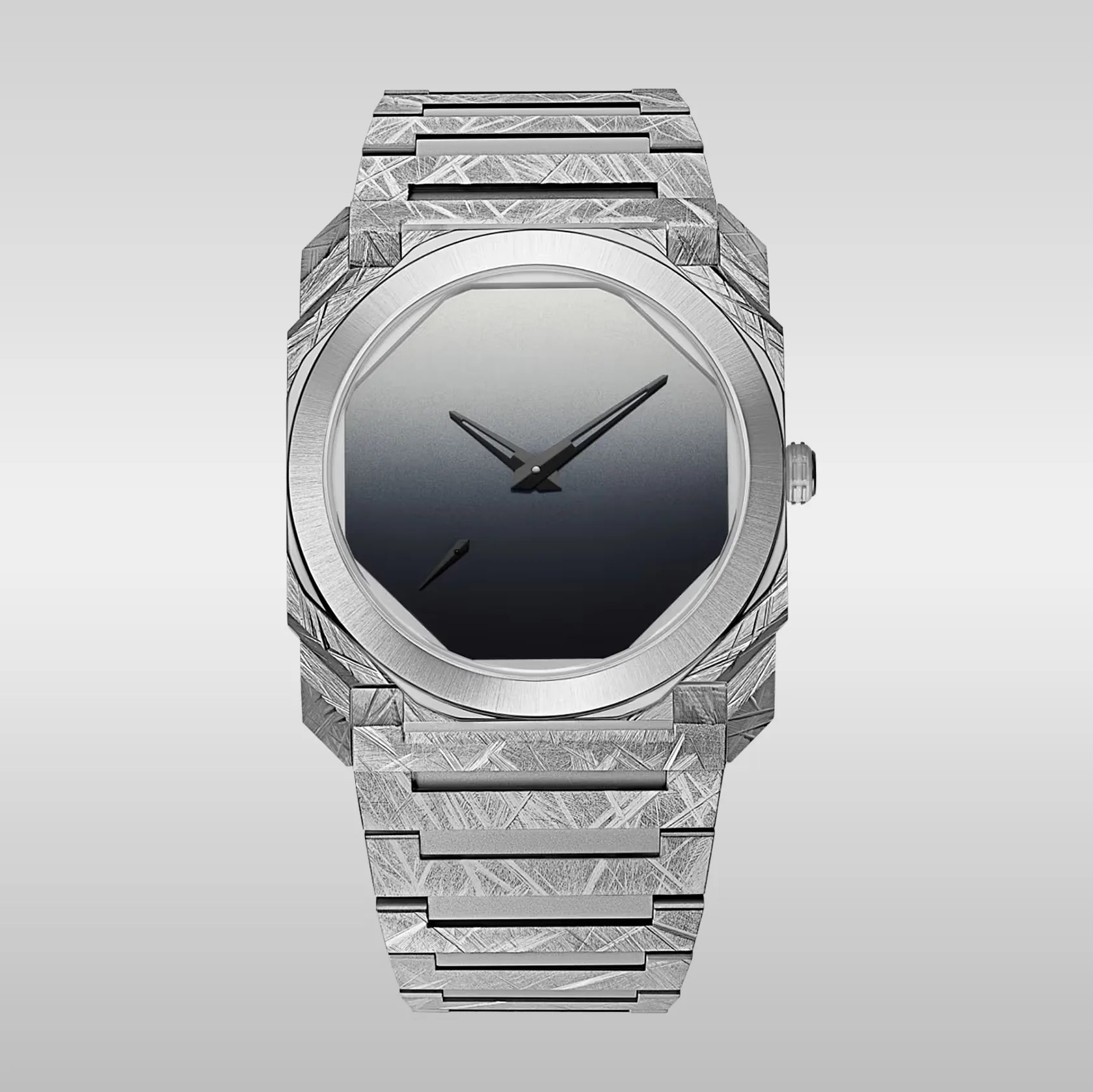 Titanium wristwatch with a textured, scratched metal bracelet and case. The watch face is a gradient from light gray at the top to black at the bottom, featuring minimalist black hour, minute, and small second hands without any numerals or markers. The bezel is smooth and polished, contrasting with the rough texture of the bracelet and case.