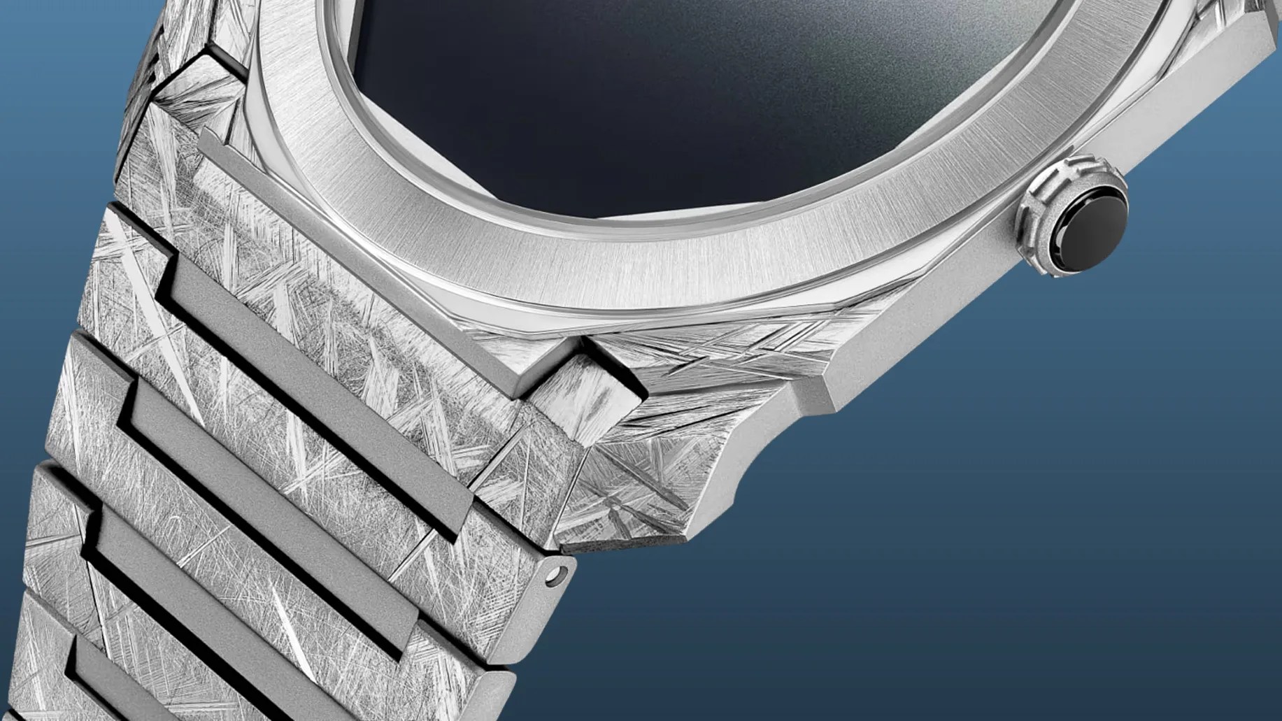 Close-up of a luxury watch with a textured metal bracelet and case. The metal surface features a distinctive pattern of intersecting lines and scratches, giving it a unique, rugged appearance. The watch has a brushed bezel and a crown with a black accent. The background is a gradient blue.