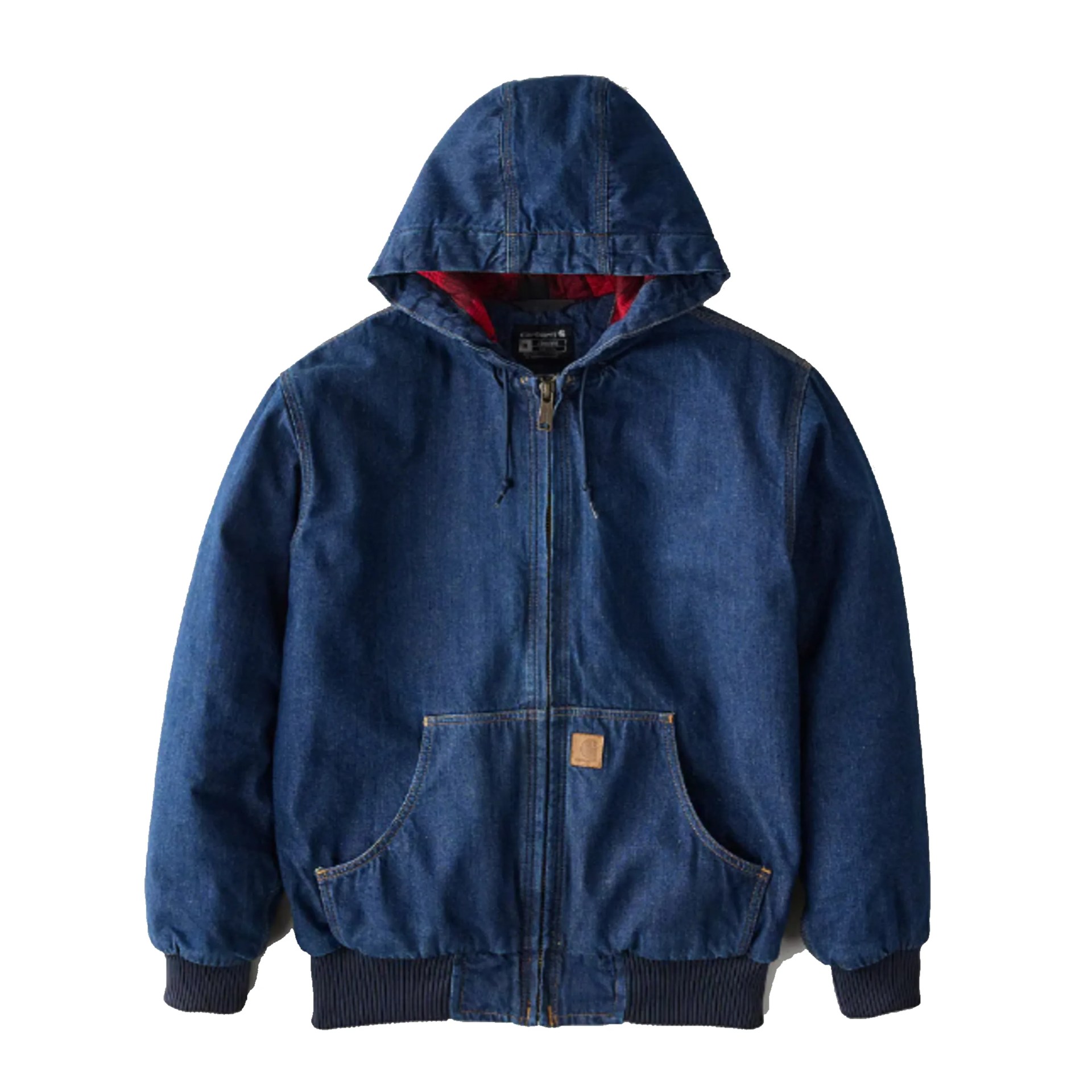 Blue denim hooded jacket with a front zipper, two front pockets, ribbed cuffs and hem, and a red lining inside the hood.