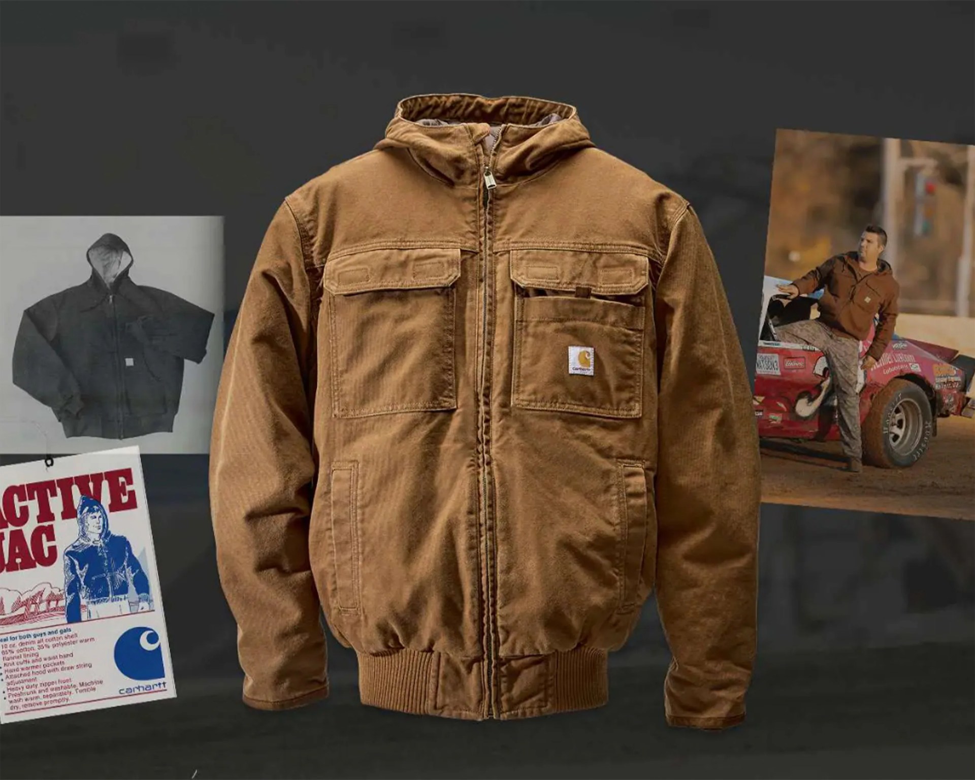 Brown Carhartt hooded jacket with a front zipper, two chest pockets with flaps, and two side pockets. The jacket has a ribbed waistband and cuffs, and a small Carhartt logo patch on the left chest pocket. The background includes a black-and-white image of the jacket, a vintage advertisement, and a man wearing the jacket while leaning on a red race car.