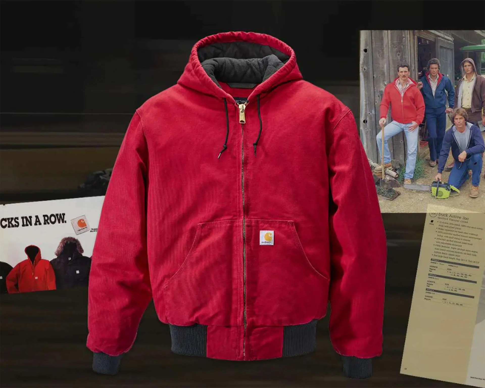Red Carhartt hooded jacket with a front zipper, black drawstrings, and ribbed cuffs and hem. The jacket features a front kangaroo pocket with a small Carhartt logo patch on the right side. The interior lining appears to be quilted and black. The background includes vintage-style images and text related to Carhartt jackets.