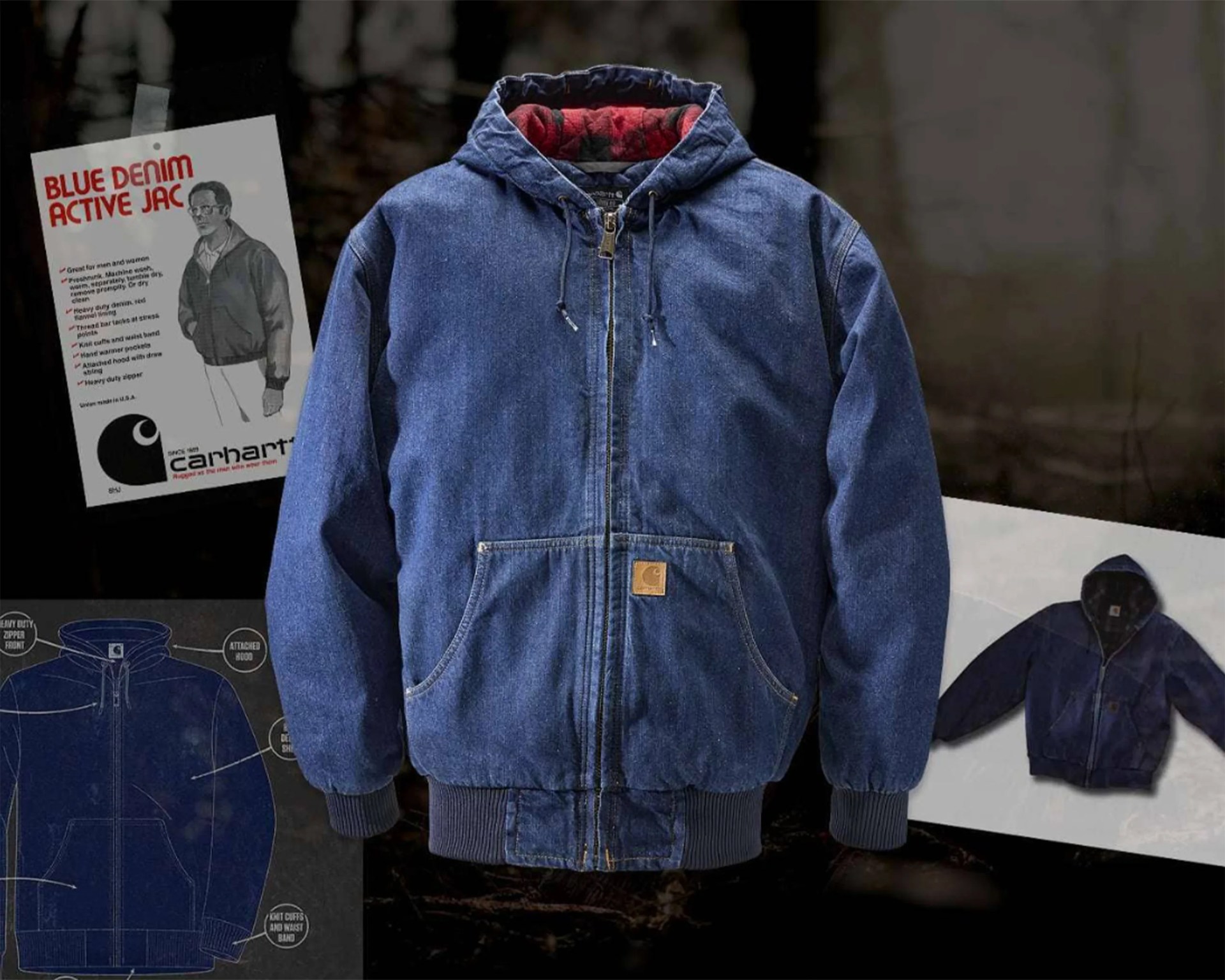 Blue denim hooded jacket with a front zipper, ribbed cuffs and waistband, and front handwarmer pockets. The jacket has a quilted red lining inside the hood and a small Carhartt logo patch on the front pocket. The background includes vintage-style illustrations and descriptions of the jacket's features.