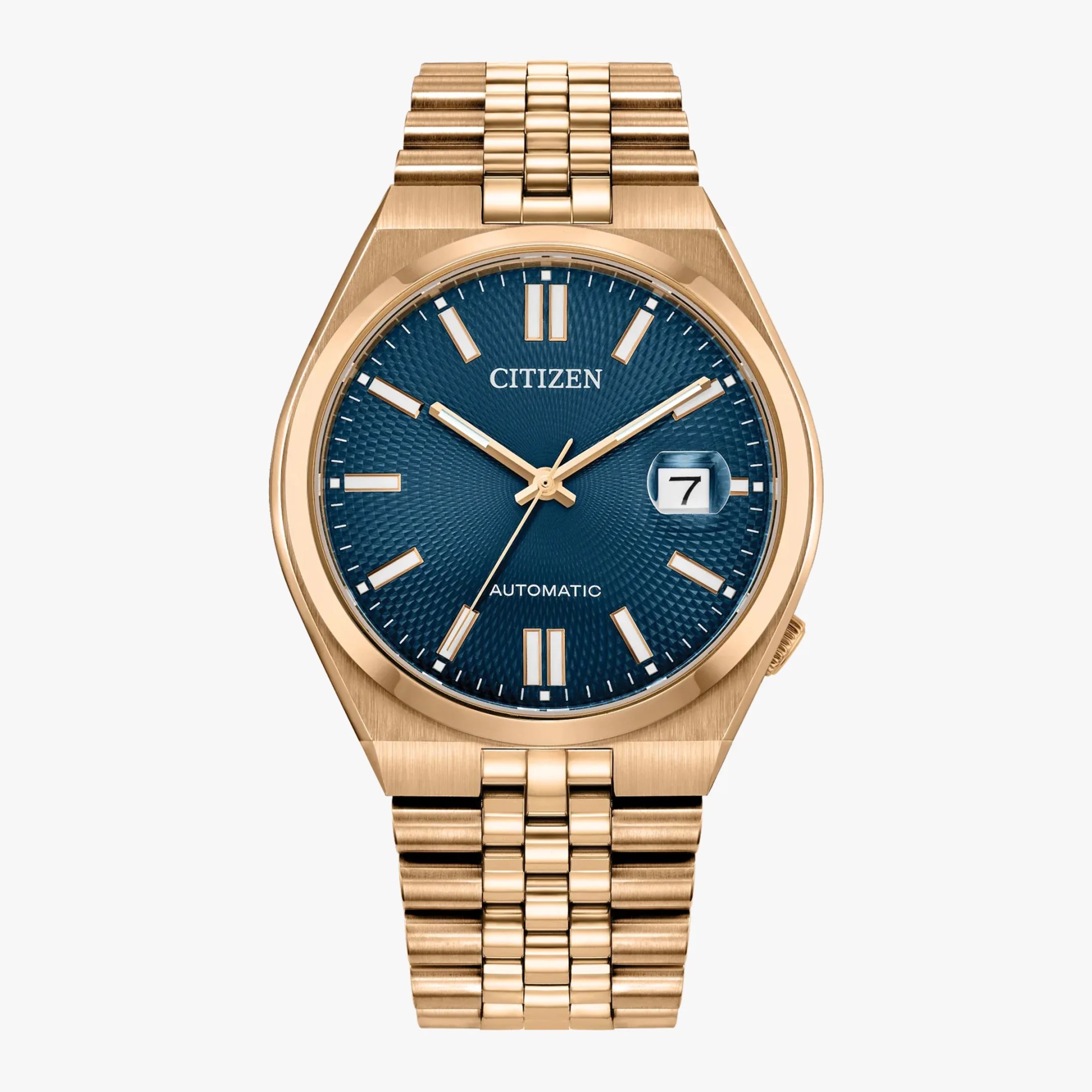 Gold-tone Citizen wristwatch with a textured blue dial, gold hour markers, and hands. The watch features a date window at the 3 o'clock position with a magnifier, and a gold link bracelet. The dial is marked with "CITIZEN" and "AUTOMATIC.