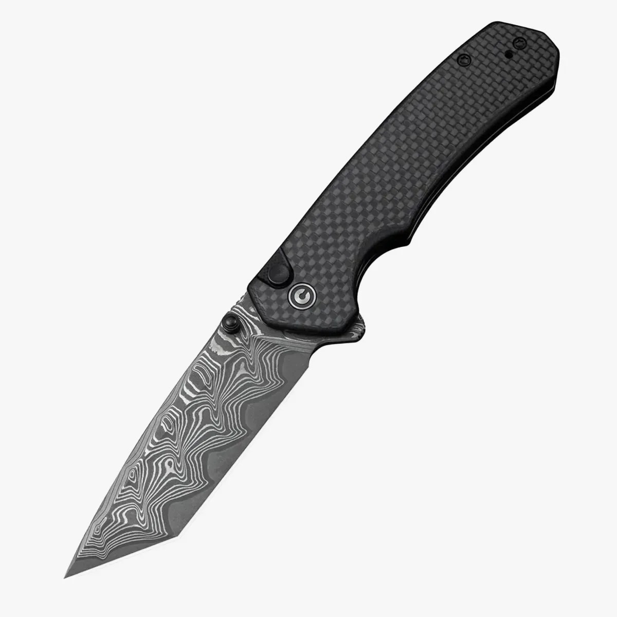 Folding knife with a patterned Damascus steel blade and a black carbon fiber handle.