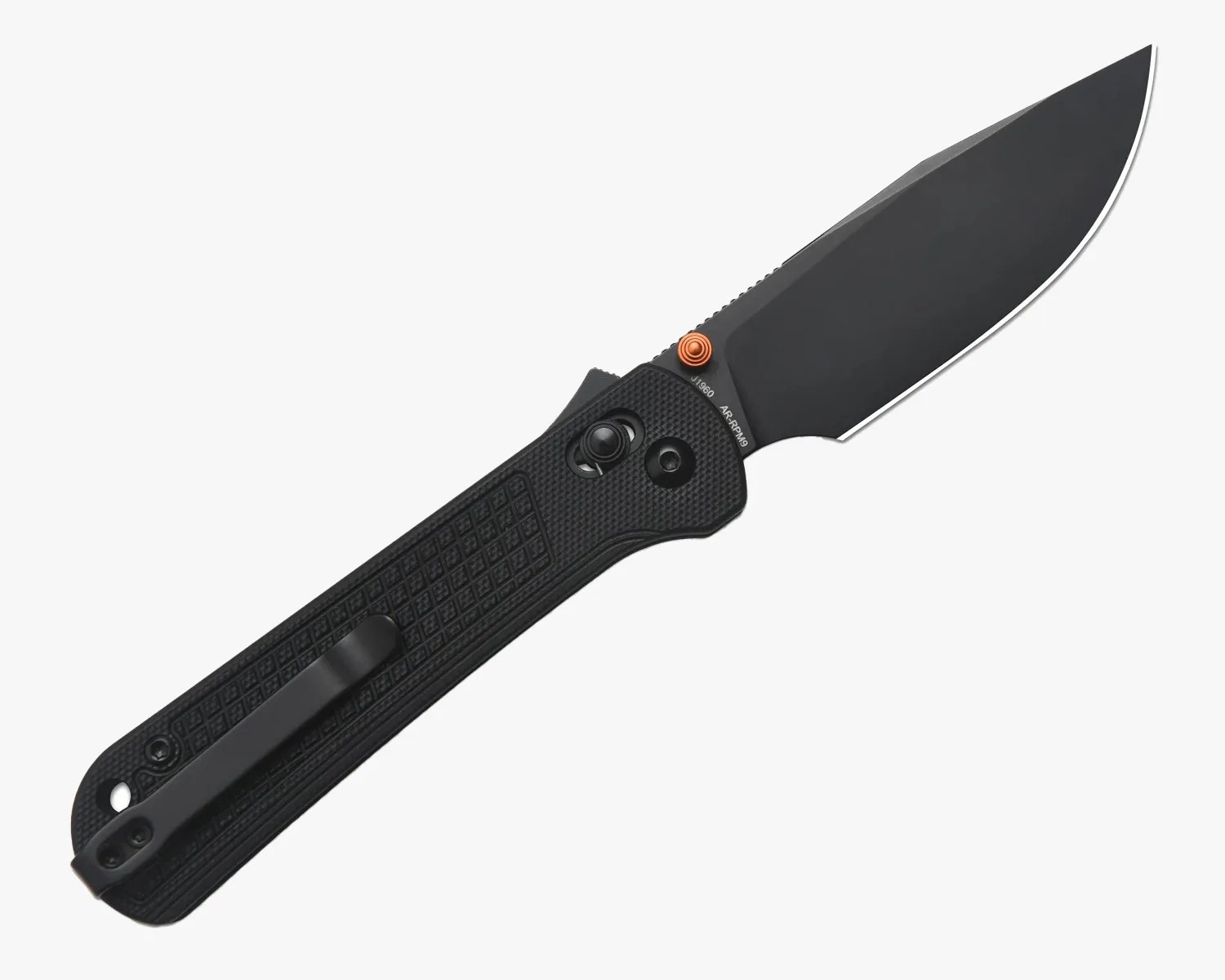 Black folding knife with a textured handle, a clip on one side, and a matte black blade featuring an orange thumb stud near the base. The handle has a diamond pattern for grip and a locking mechanism near the blade.