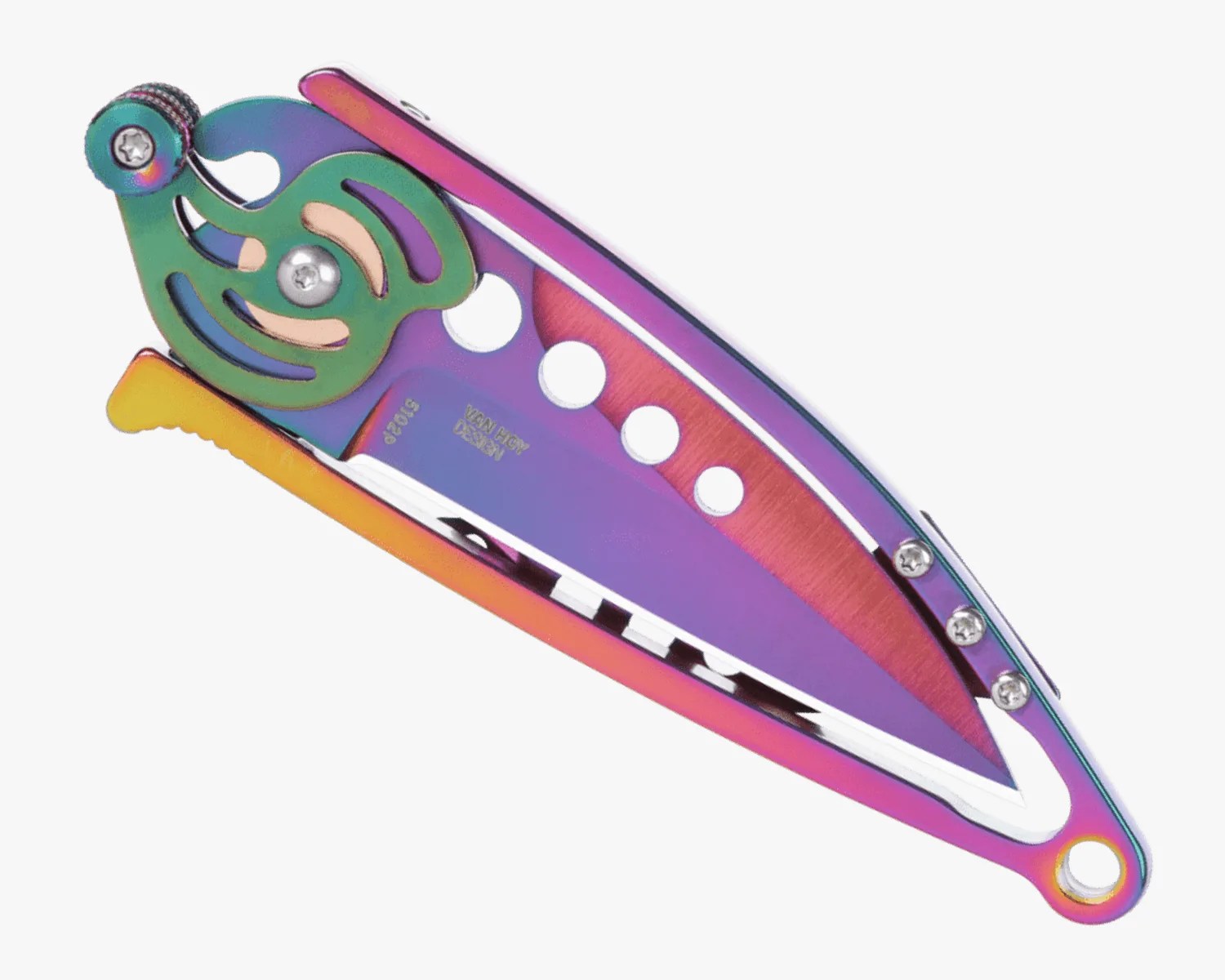 Folding pocket knife with a rainbow-colored metallic handle and blade. The blade has five circular cutouts and the handle features a circular, gear-like design near the pivot. The knife has a clip on one side and a small hole at the end of the handle. The blade is partially serrated and has text engraved near the pivot.