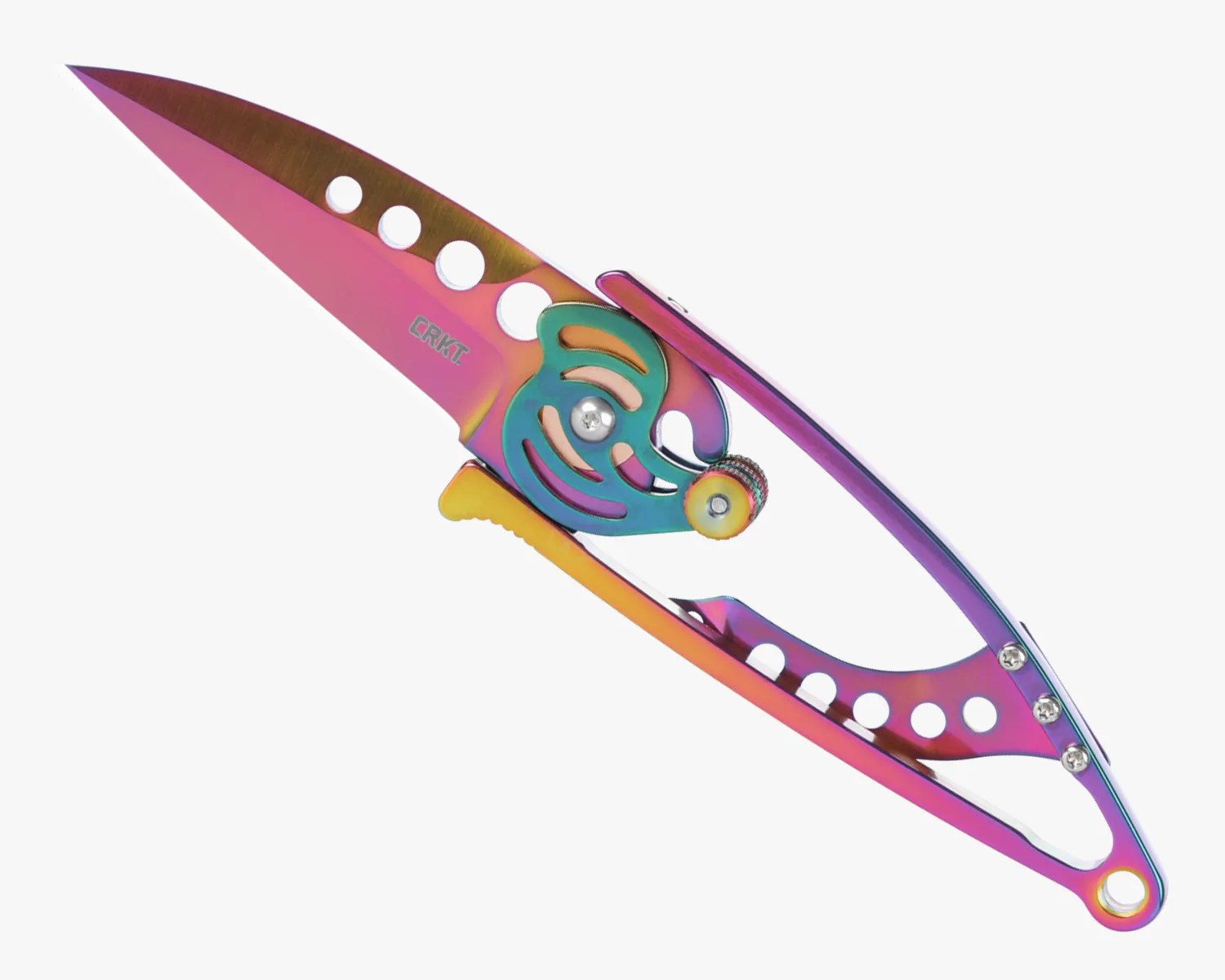 A folding knife with a rainbow-colored, iridescent finish. The blade has several circular cutouts near the spine and the brand name "CRKT" etched on it. The handle features a unique, open-frame design with multiple holes and a circular mechanism near the pivot for opening and closing the blade. The overall design is sleek and modern.