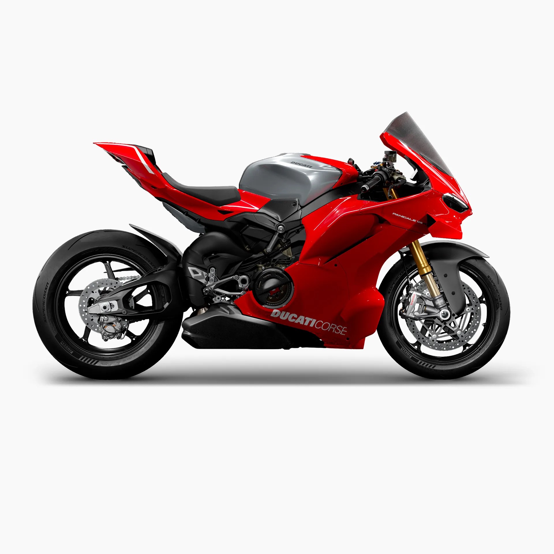 Red and silver Ducati Panigale V4 sport motorcycle with black tires and gold front suspension forks, shown in profile against a white background. The bike features aerodynamic fairings, a sleek seat, and "DUCATI CORSE" branding on the lower fairing.