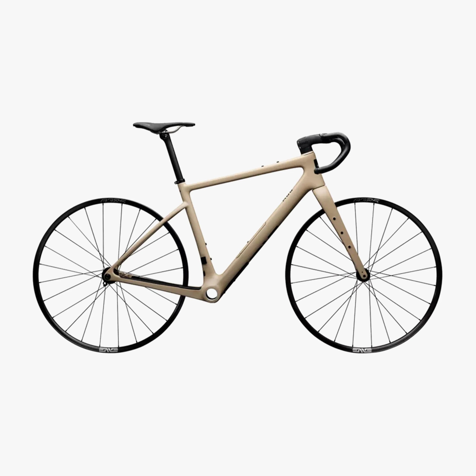 Light beige road bike with a sleek, aerodynamic frame, black drop handlebars, black saddle, and thin black tires with black rims.