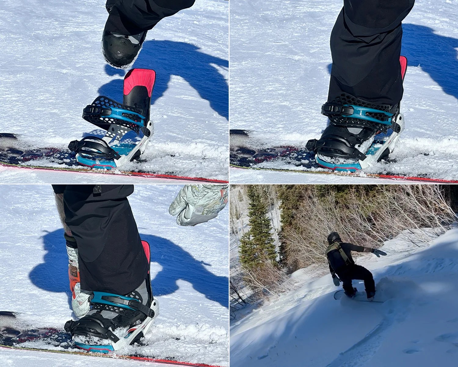 Four-panel collage showing a snowboarder in action. The first three panels focus on close-up shots of the snowboarder's foot securing into the snowboard binding on snow, highlighting the process of stepping in and fastening the boot. The fourth panel shows the snowboarder from behind, gliding down a snowy slope surrounded by trees, wearing black snow gear and a helmet.