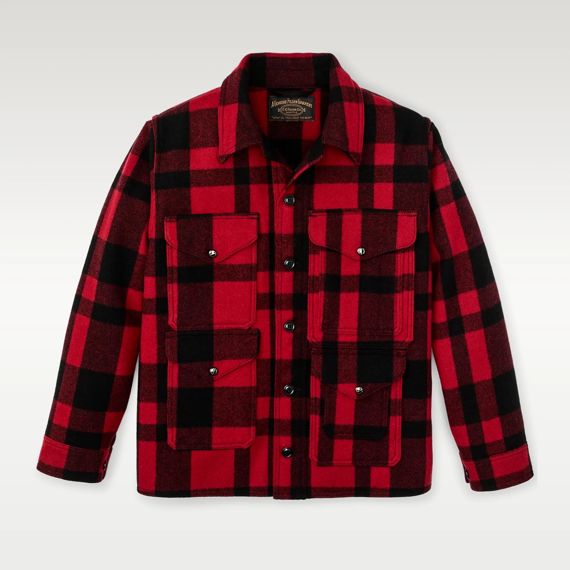 Red and black buffalo plaid wool jacket with a button-up front and four flap pockets, two on the chest and two larger ones below, each secured with buttons. The jacket has a classic collar and long sleeves with buttoned cuffs.