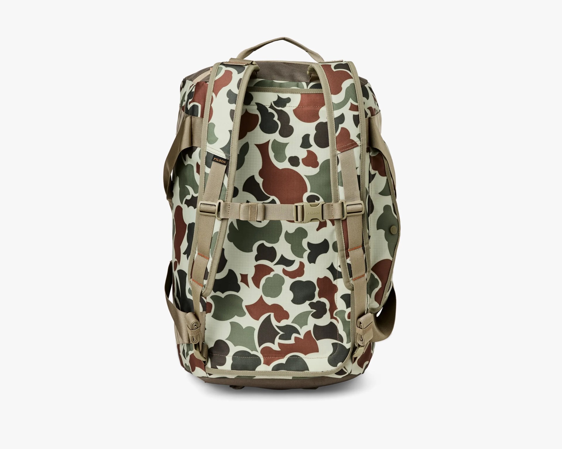 Back view of a backpack with a camouflage pattern in shades of green, brown, black, and beige. The backpack features beige adjustable shoulder straps with a chest strap buckle, a top handle, and side handles for carrying. The fabric appears durable and the design is functional for outdoor use.