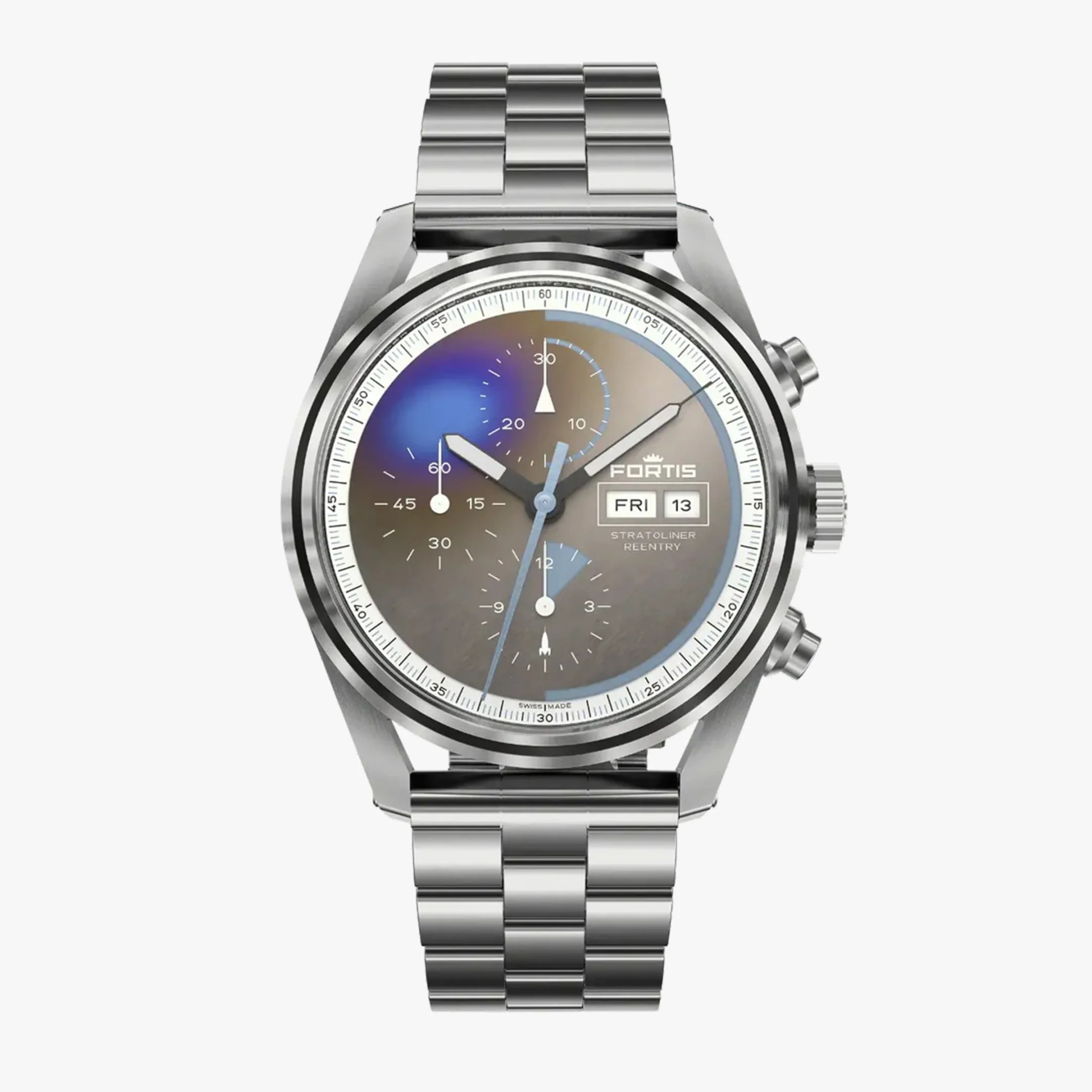 Stainless steel Fortis Stratoliner Reentry wristwatch with a metallic bracelet, featuring a round dial with chronograph subdials, a day-date display, and luminous hands. The dial has a gradient effect with blue and brown tones.