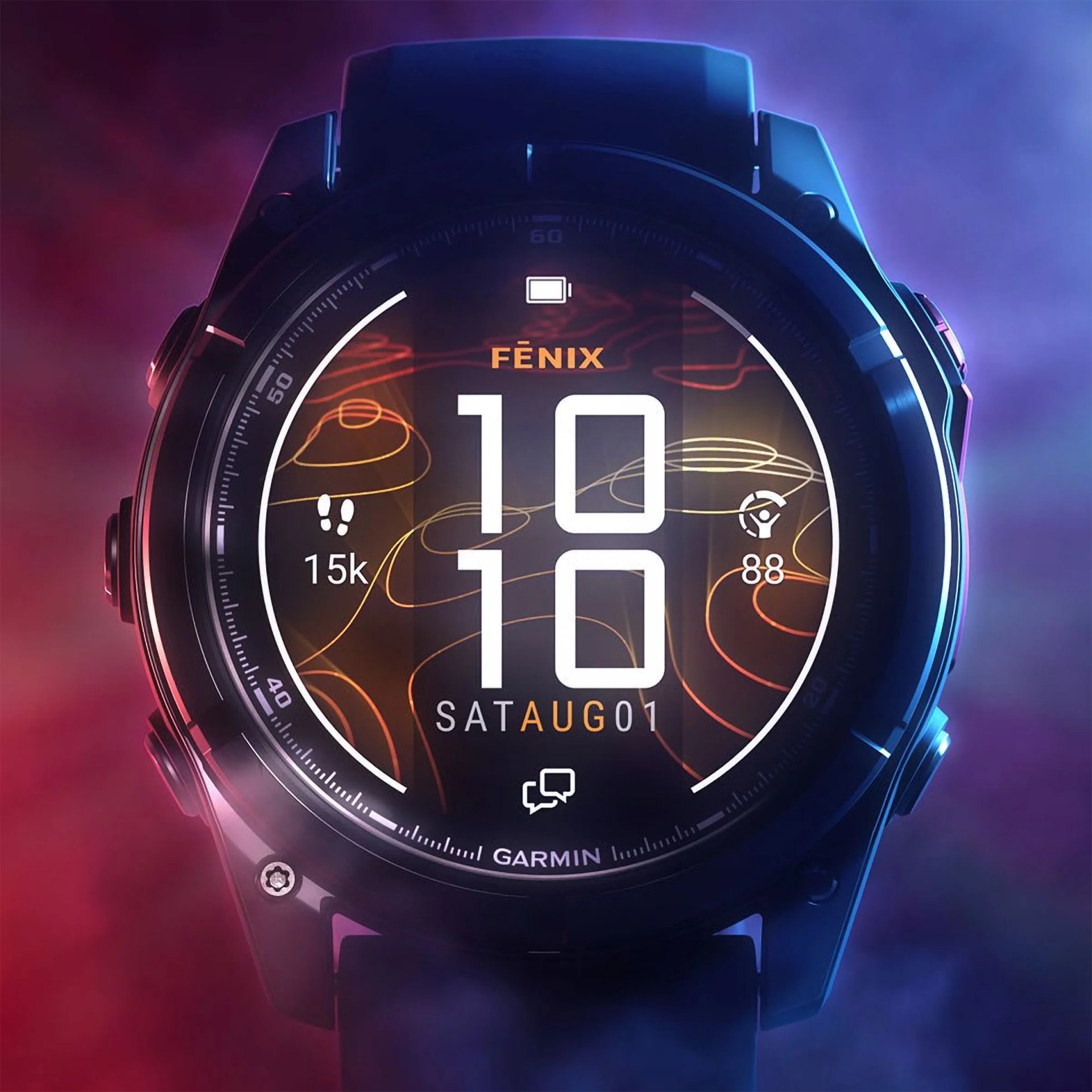 Garmin Fenix smartwatch with a round black bezel and strap, displaying the time 10:10, date Saturday August 1, step count of 15k, heart rate of 88, and a battery icon at the top. The watch face has a dark background with orange contour lines and white digital numbers and icons.