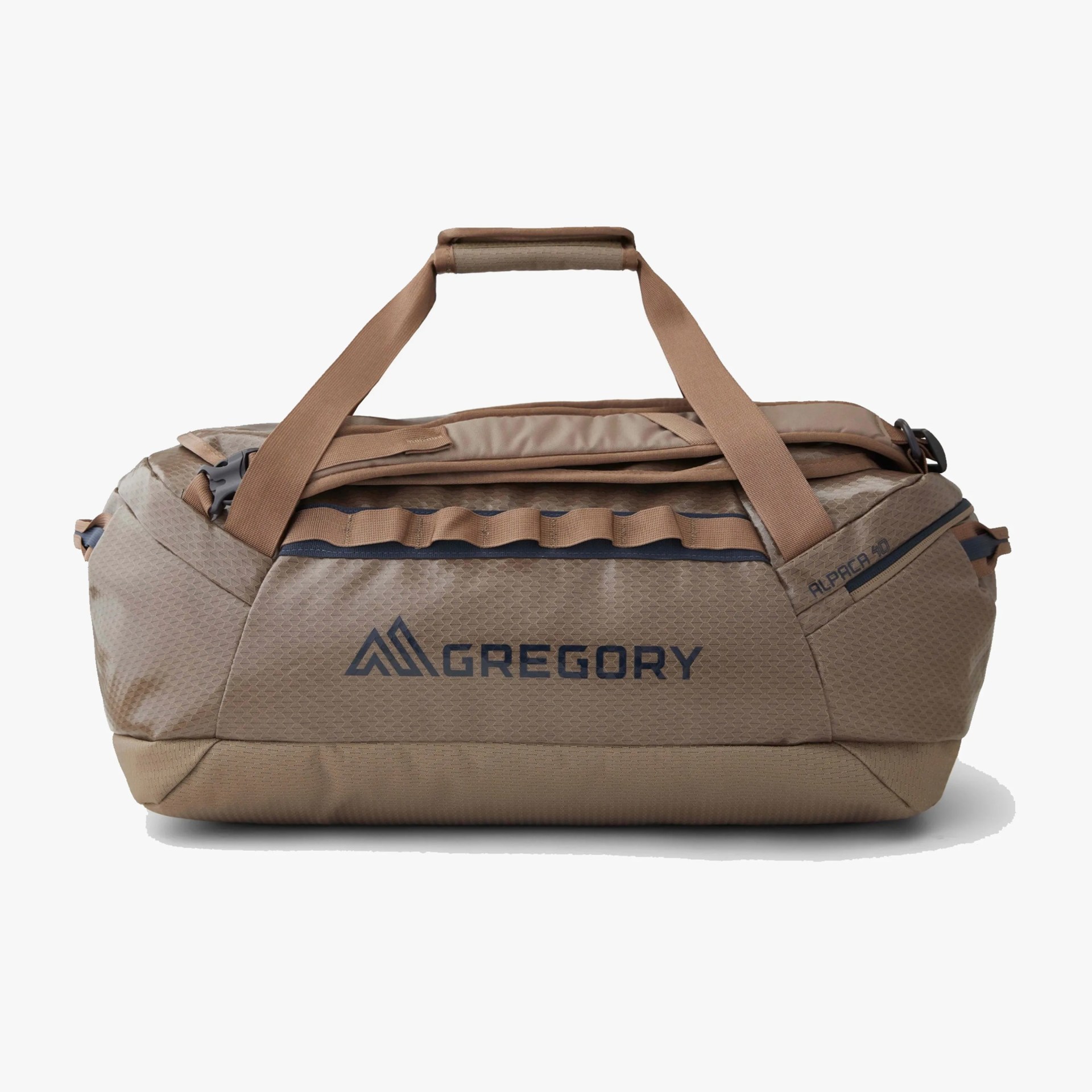 Tan-colored Gregory duffel bag with a textured pattern, featuring two sturdy handles with a padded grip. The bag has the Gregory logo prominently displayed in dark lettering on the front, along with a horizontal strap detail above it. The right side of the bag has a zippered compartment labeled "ALPACA 40.