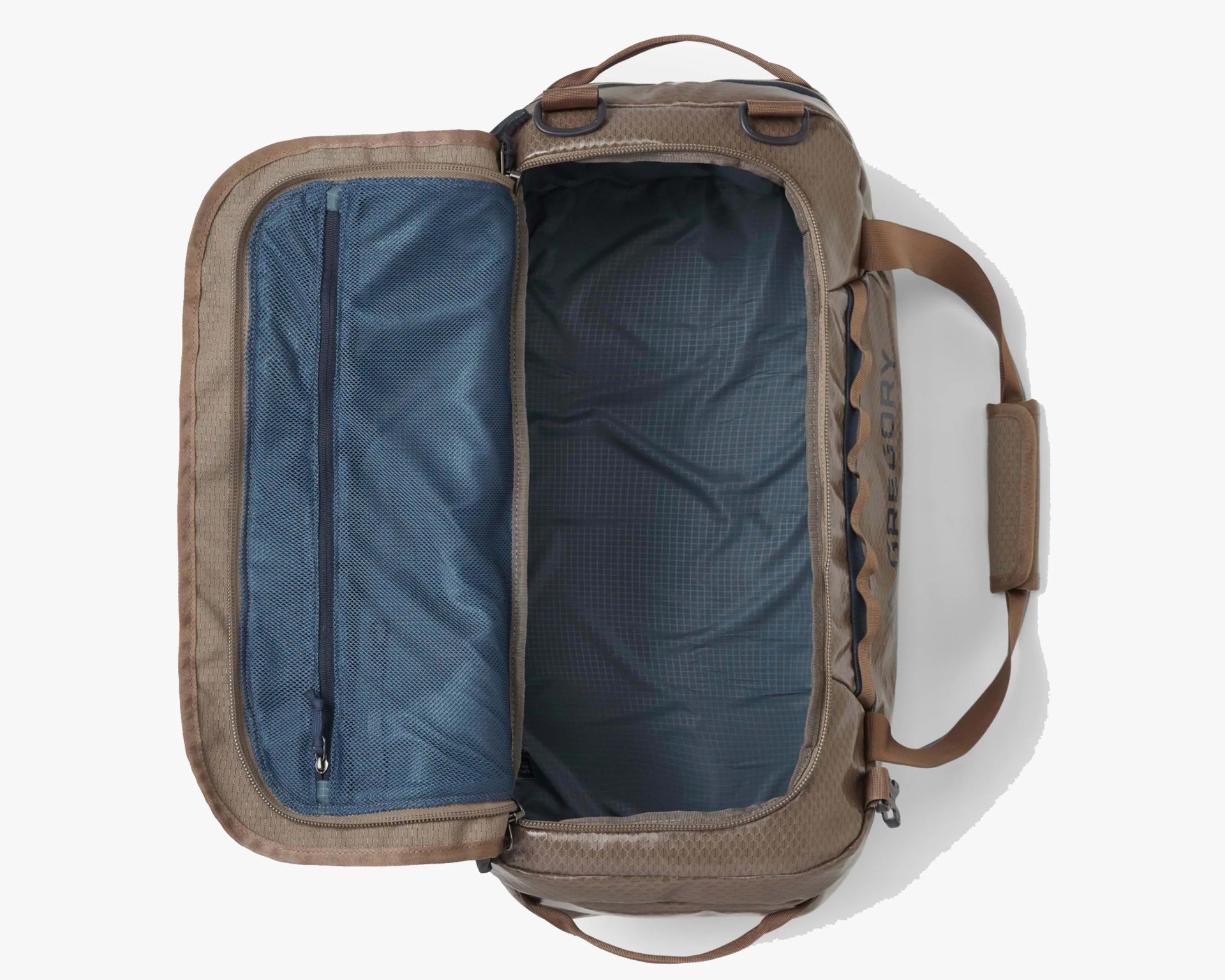 Brown duffel bag with a large main compartment open, showing a blue mesh zippered pocket on the inside of the lid. The interior lining is dark with a subtle grid pattern. The bag has two brown handles, one with a padded grip, and black hardware. The brand name "GREGORY" is printed vertically on the side.