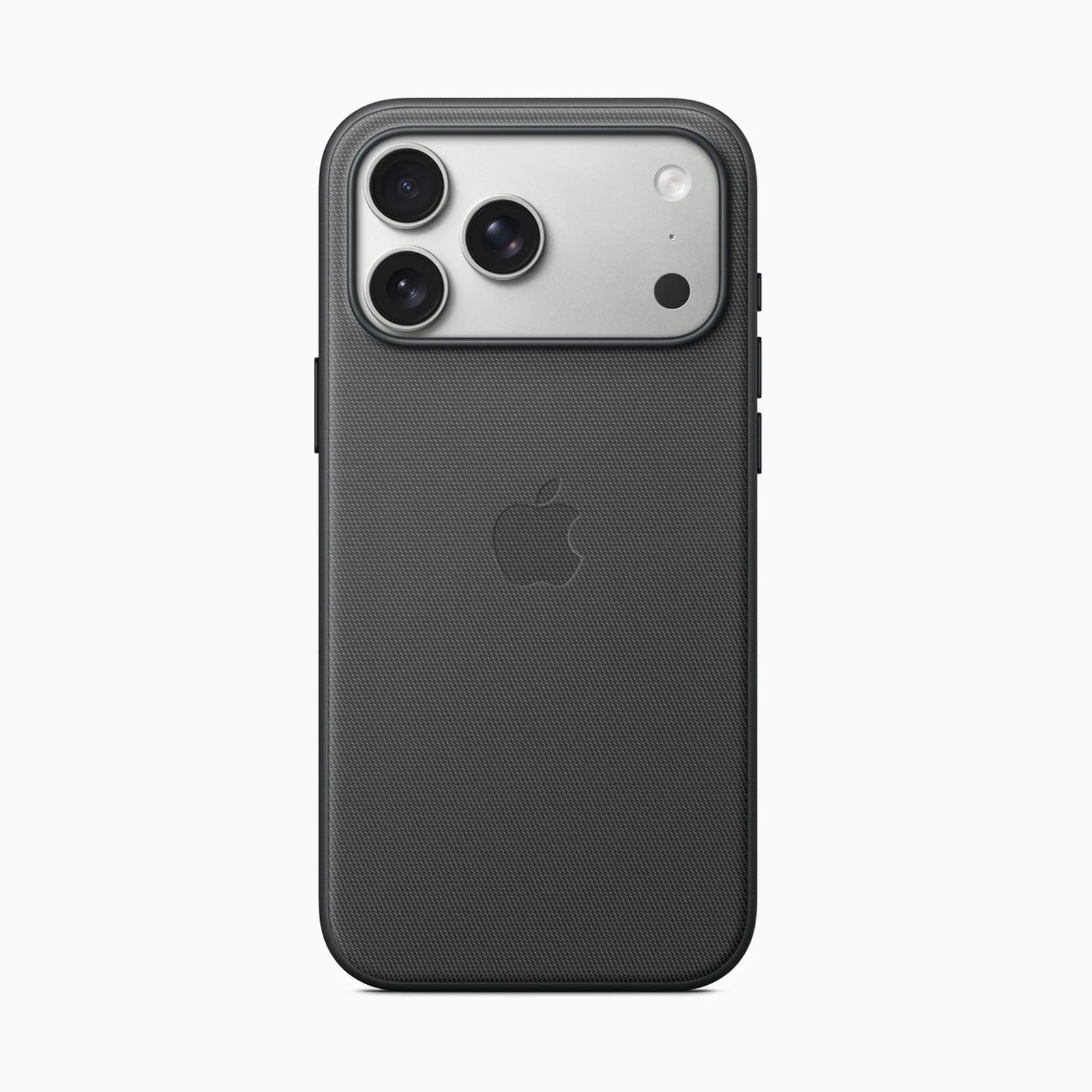 Black textured Apple iPhone case with a raised edge around the camera module, designed to fit an iPhone with a triple-lens camera system and flash. The Apple logo is subtly embossed in the center of the back.
