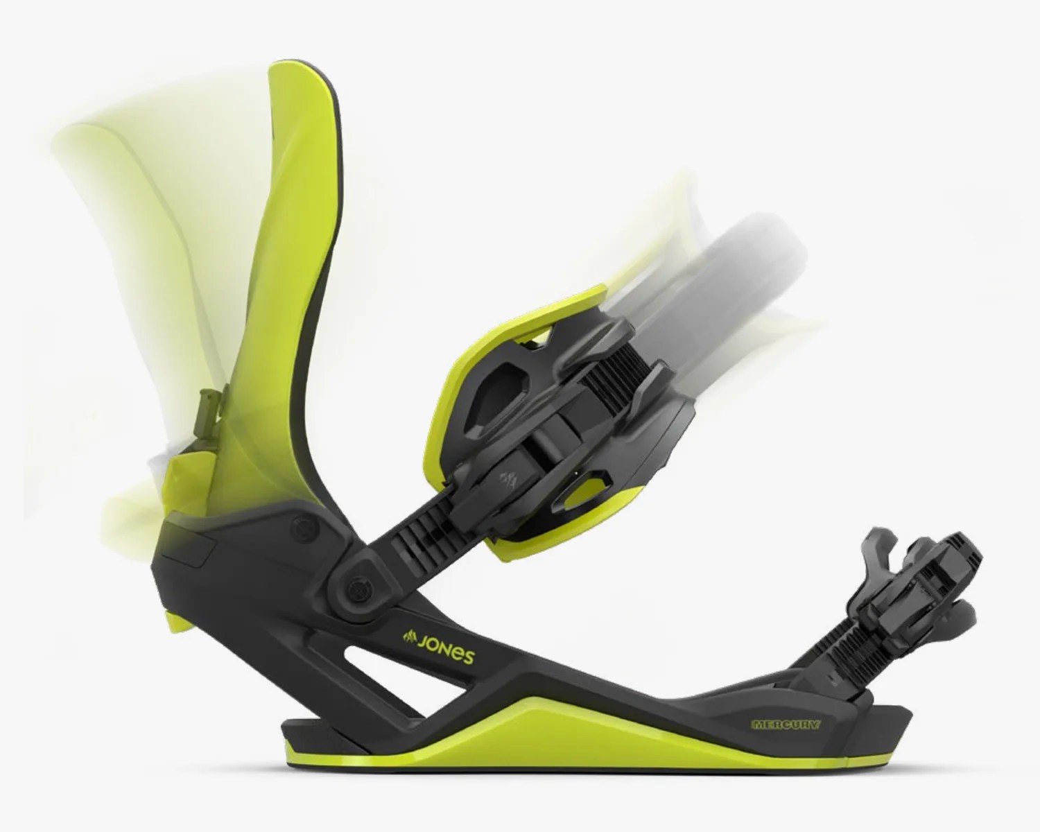 Snowboard binding in black and neon yellow with an adjustable highback shown in multiple positions. The binding features a toe strap and an ankle strap, with the brand name "Jones" and model name "Mercury" visible on the baseplate.
