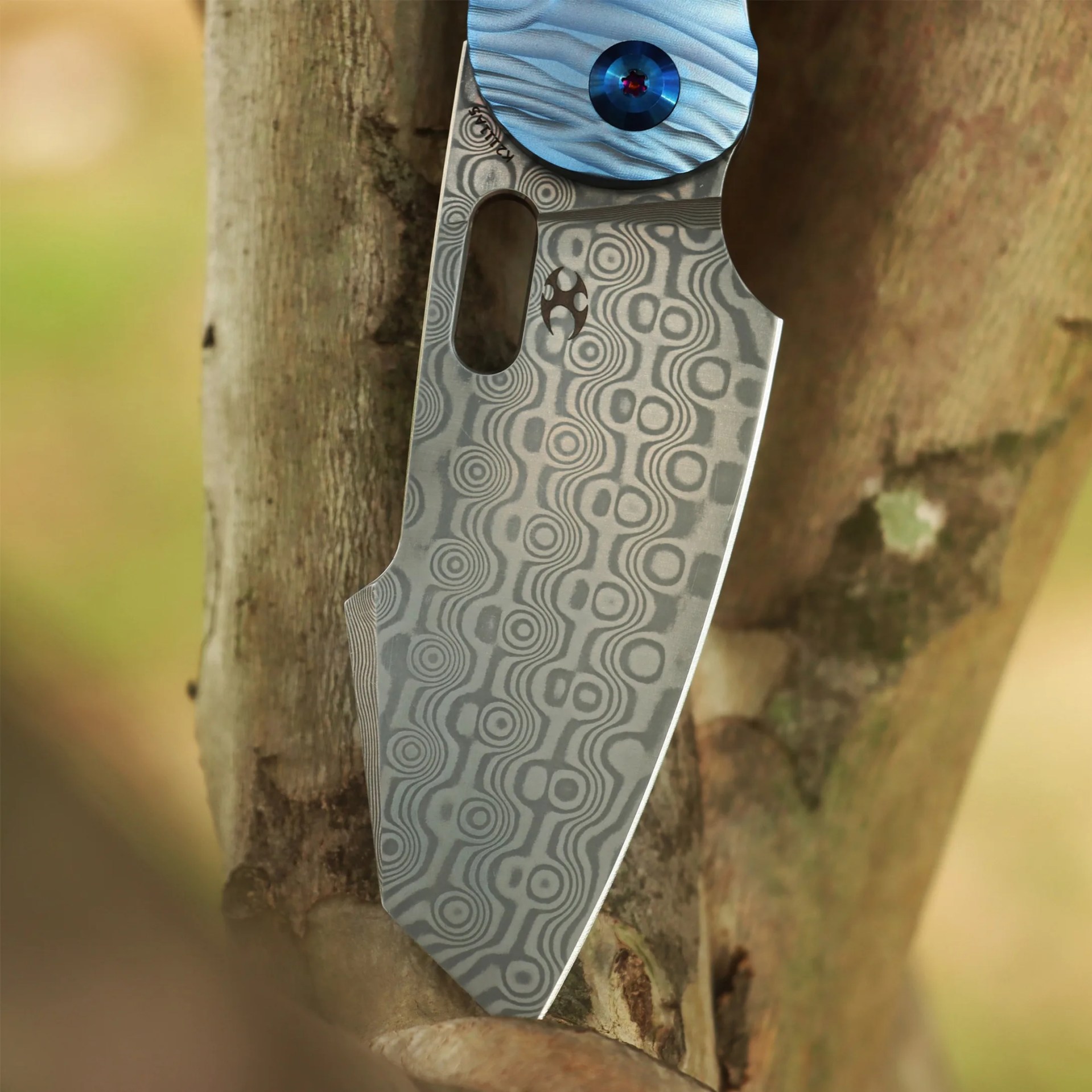 Close-up of a knife blade with a distinctive Damascus steel pattern featuring circular and wavy designs. The blade has a thumb hole near the top and a small logo etched below it. The handle, partially visible, is blue with a textured surface and a blue screw. The knife is positioned against a tree trunk.