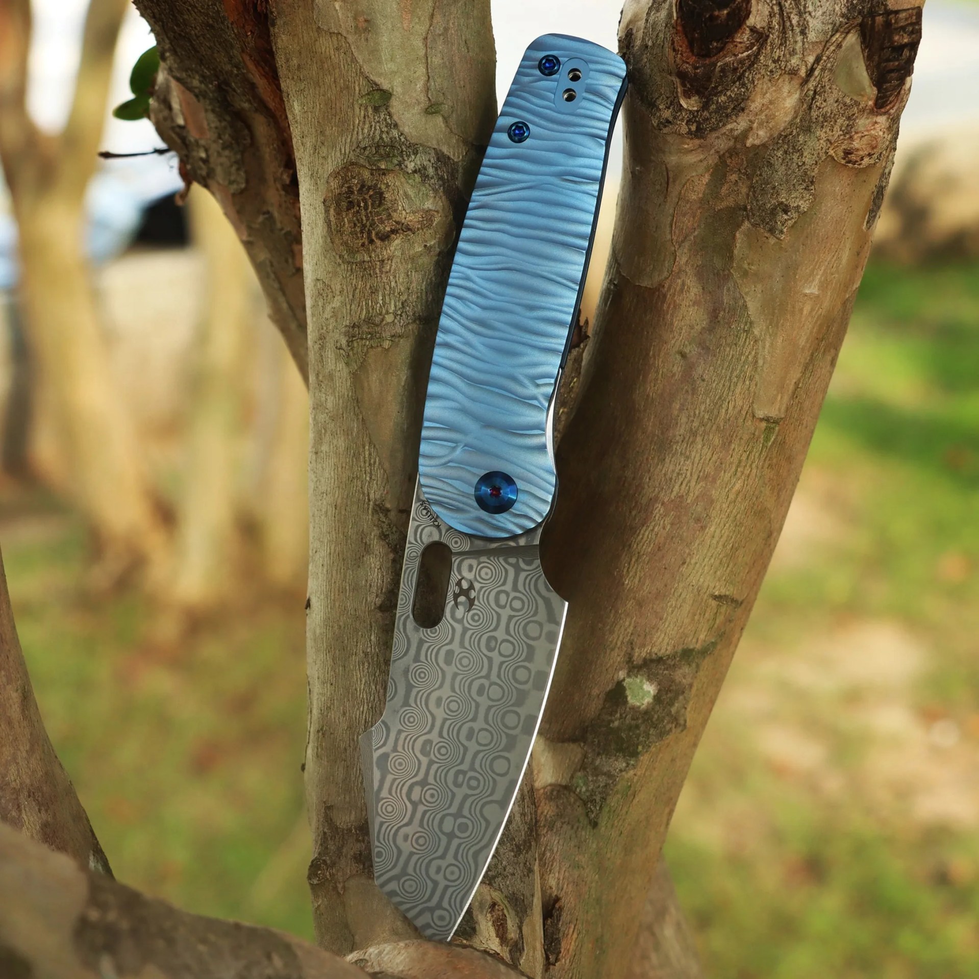 Folding knife with a patterned Damascus steel blade and a textured blue handle, positioned vertically between tree branches outdoors. The blade features circular and wave-like designs, and the handle has a wavy texture with blue screws.